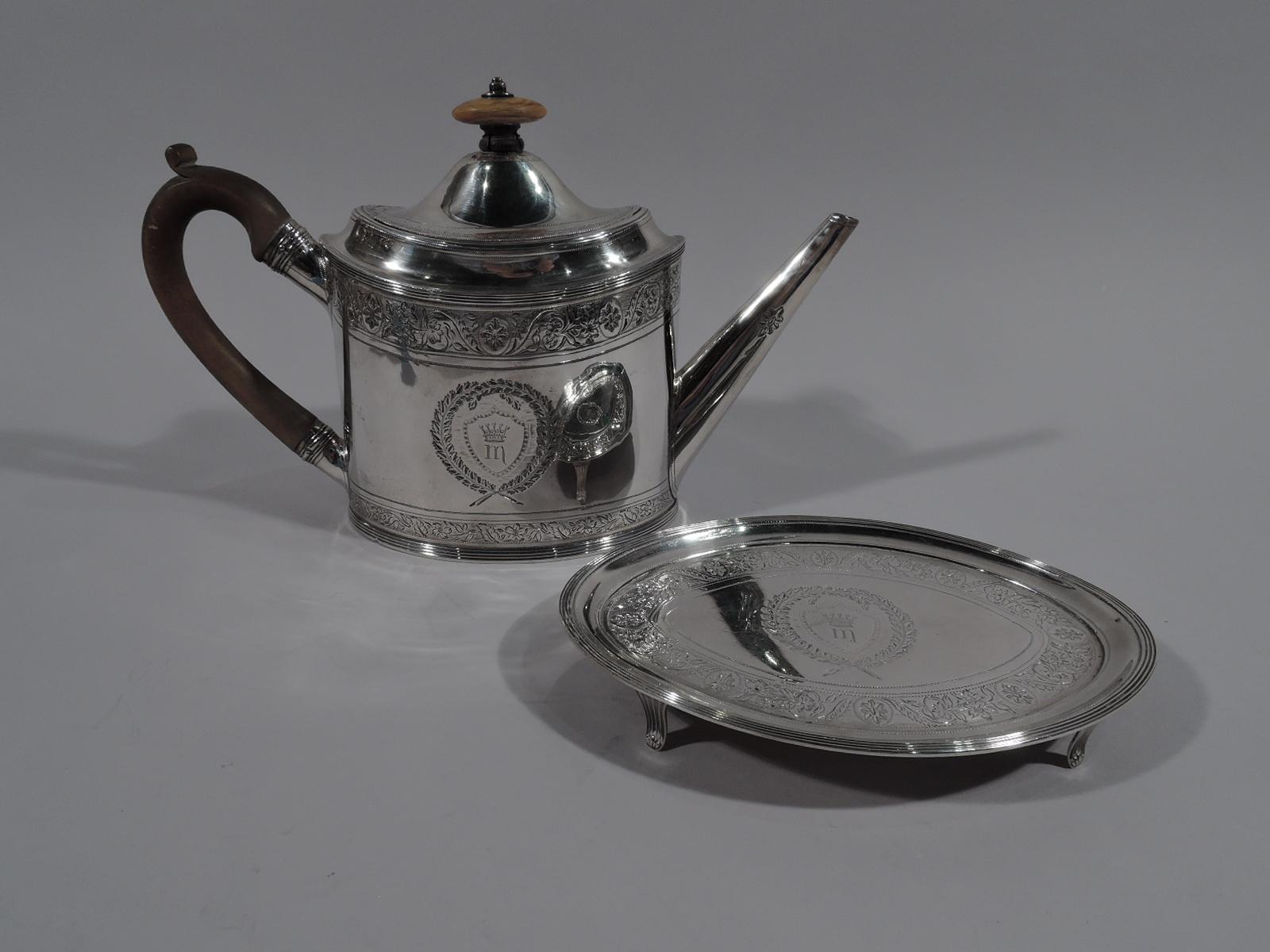 Late 18th Century Peter and Ann Bateman Neoclassical Sterling Silver Teapot on Stand