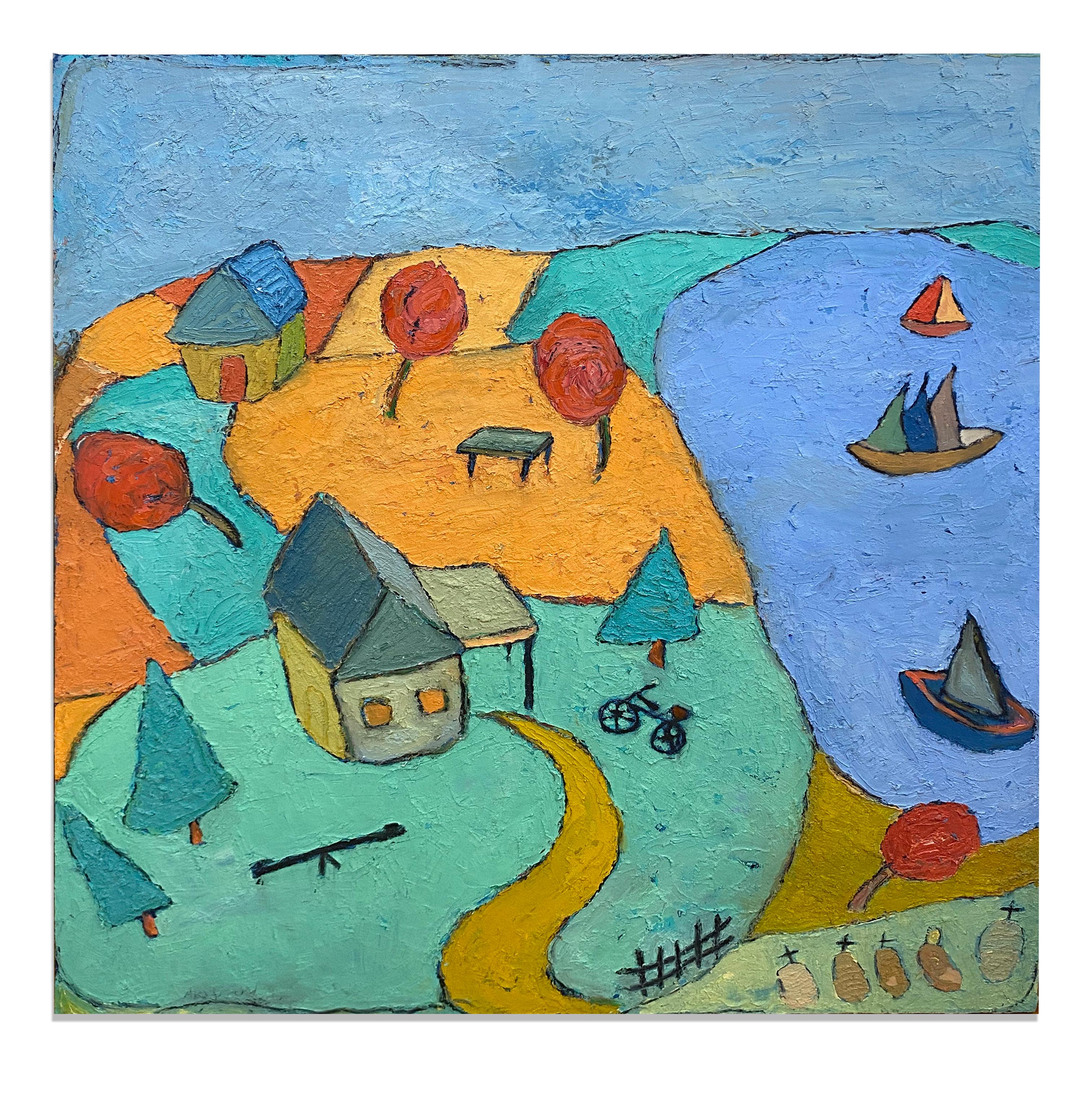 Post Modern Modernist American Painter Green Blue Holiday Pintura al óleo Arvidson - Painting de Peter Arvidson
