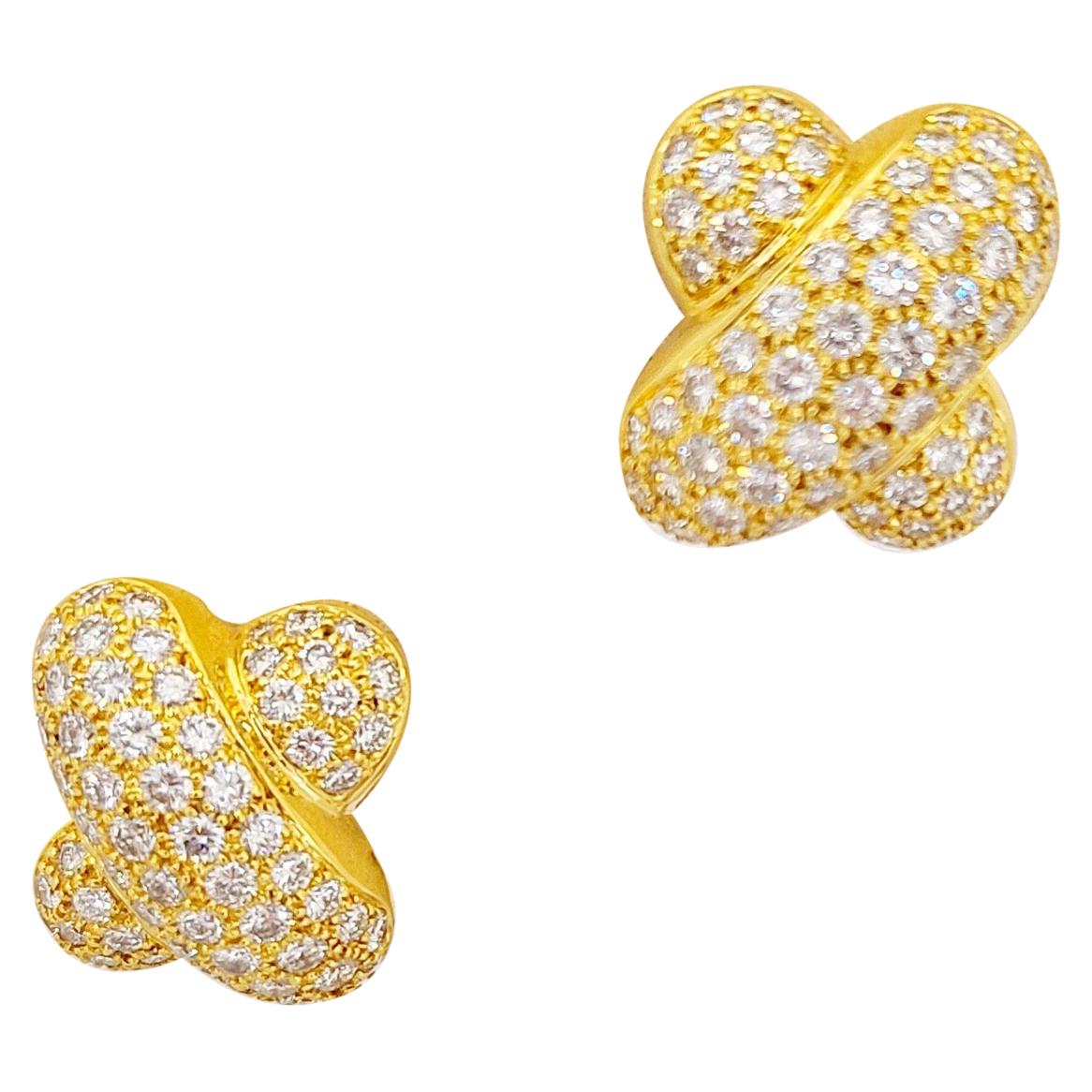 Peter Atman 18 Karat Yellow Gold, 7.95 Carat Diamond "X" Earrings, Clip-On For Sale