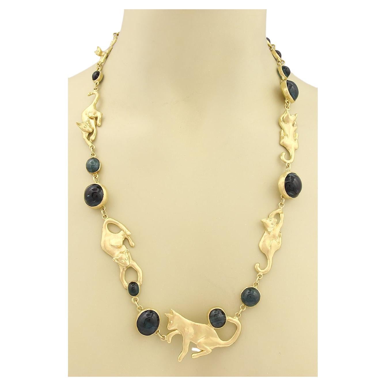 Peter Aylen One of a Kind Indicolite Tourmaline 18k Gold Cats Necklace 155gr. For Sale