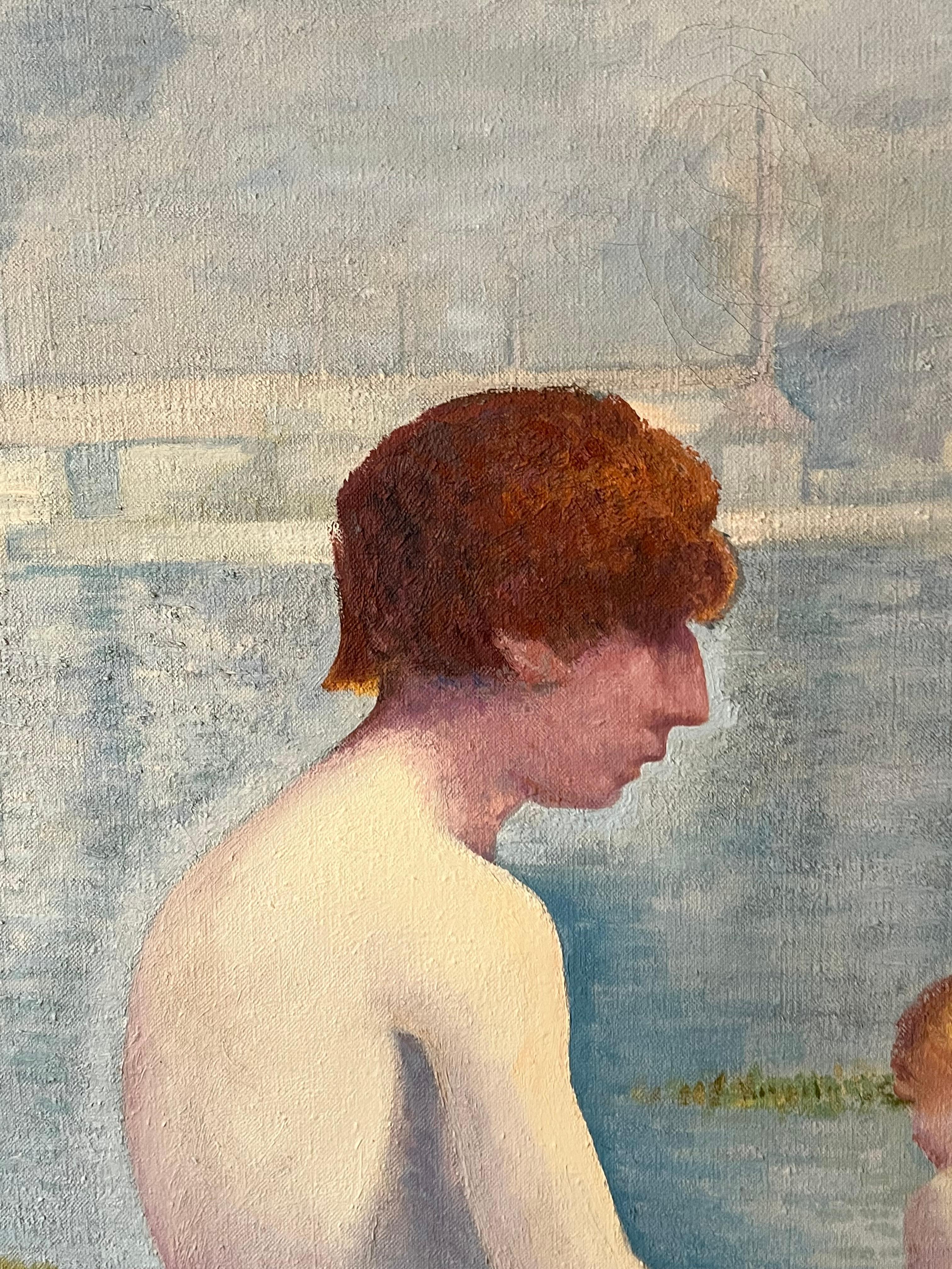 Enorme cuadro al óleo según Bañistas en Asnieres de Seurat en venta 8