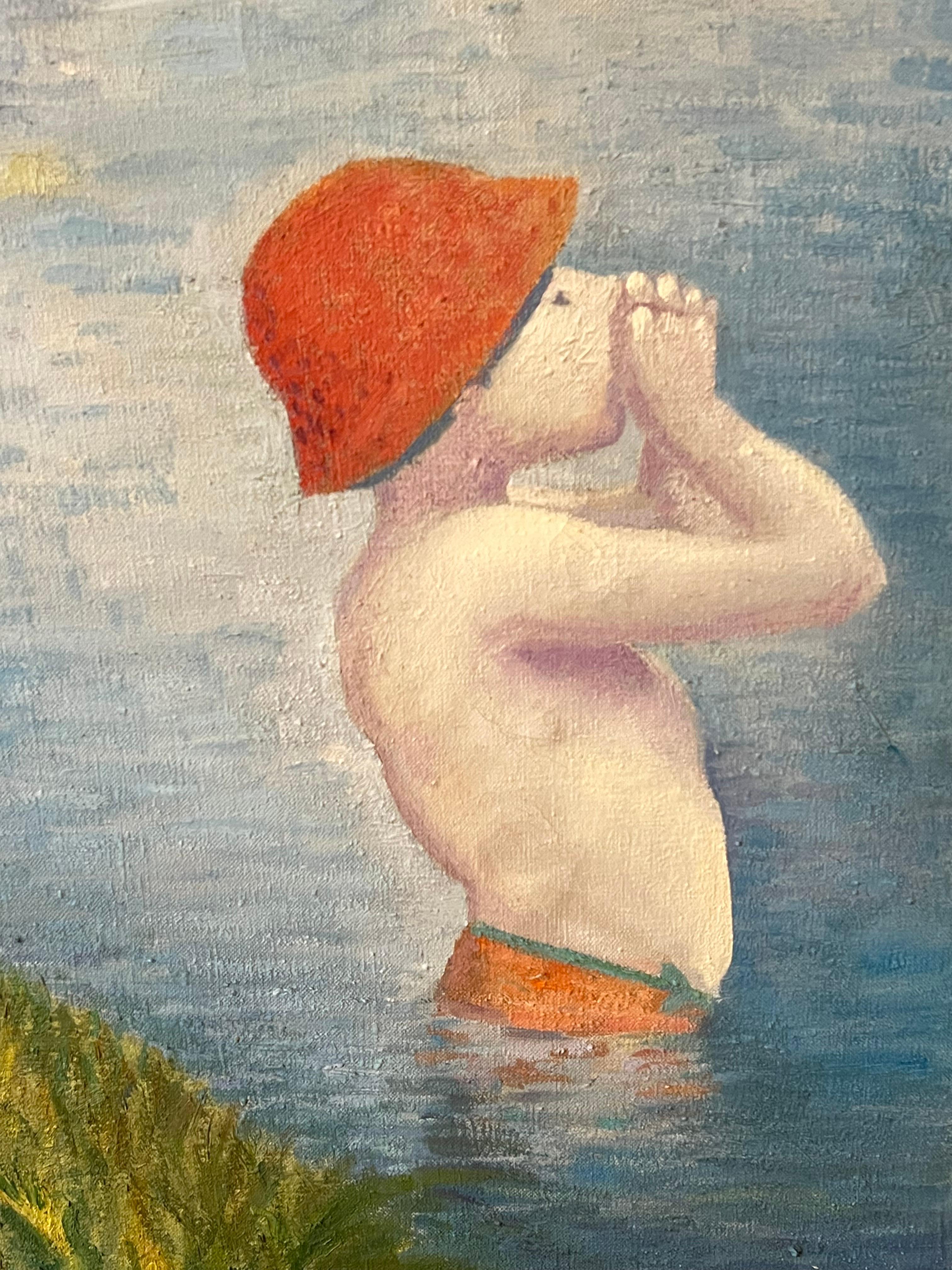 Enorme cuadro al óleo según Bañistas en Asnieres de Seurat en venta 3