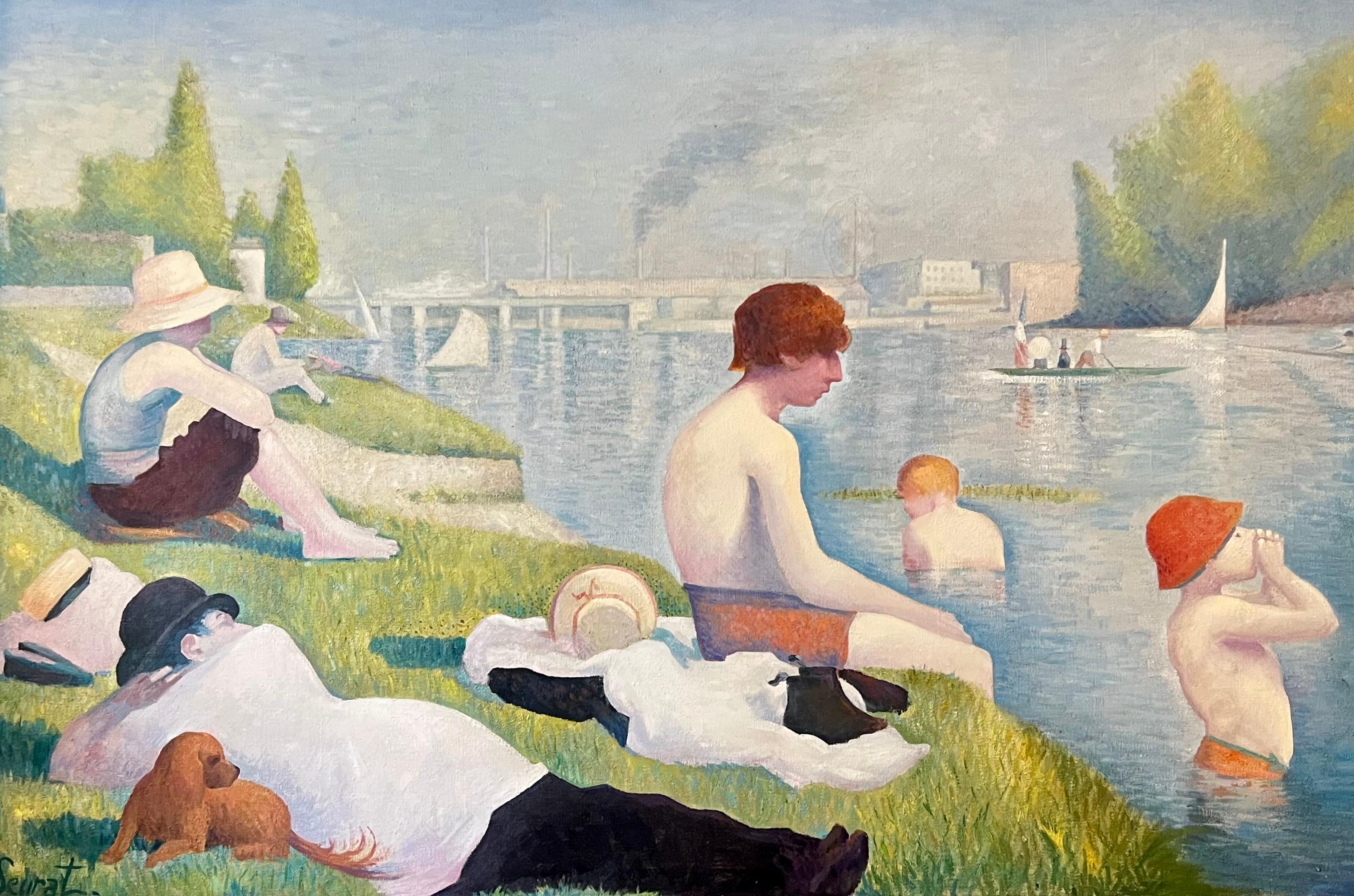 Enorme dipinto a olio che ricalca le Bagnanti di Seurat ad Asnieres