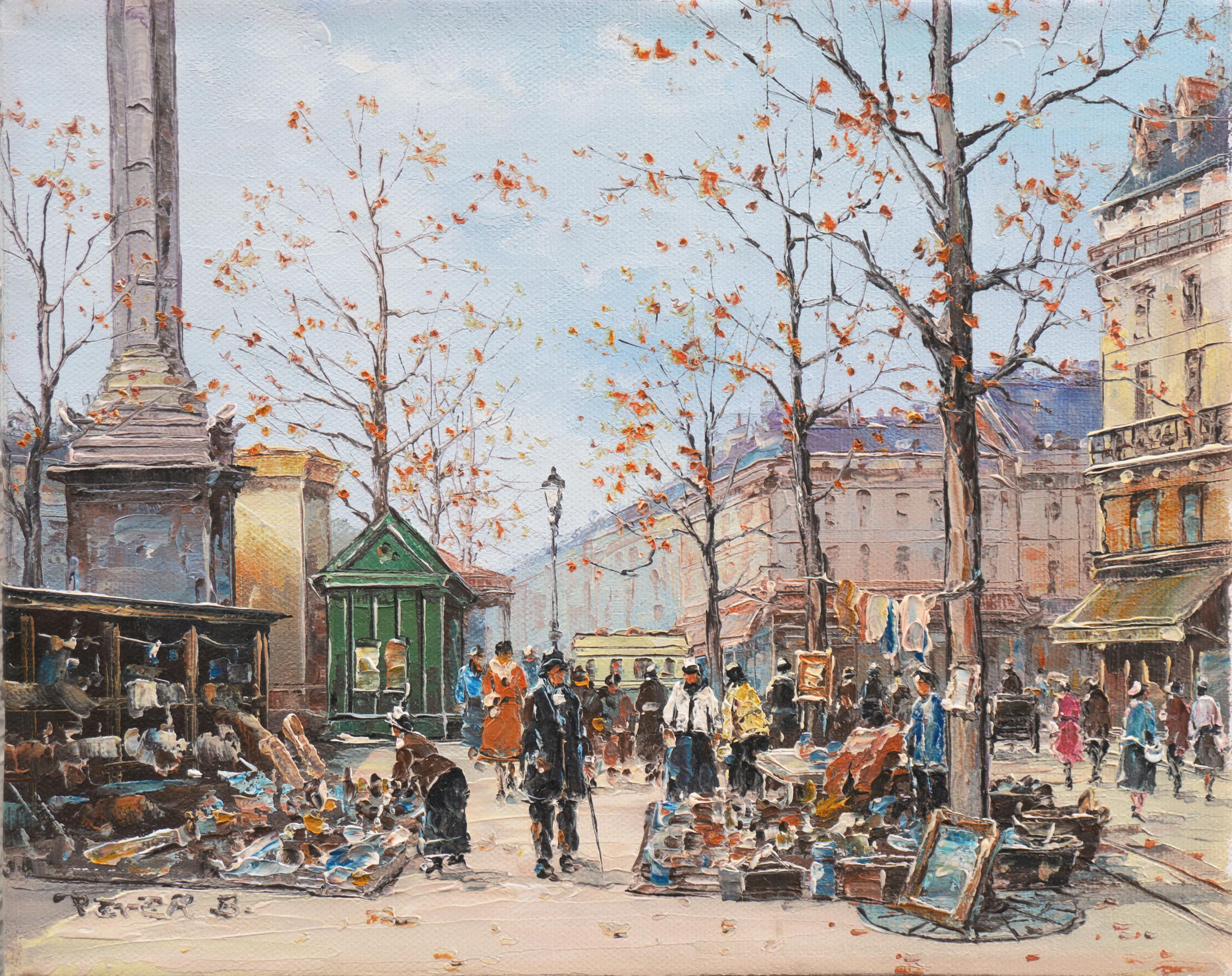 Landscape Painting de Peter B - La Bastille et son Marche", Boulevarde de París con mercadillo