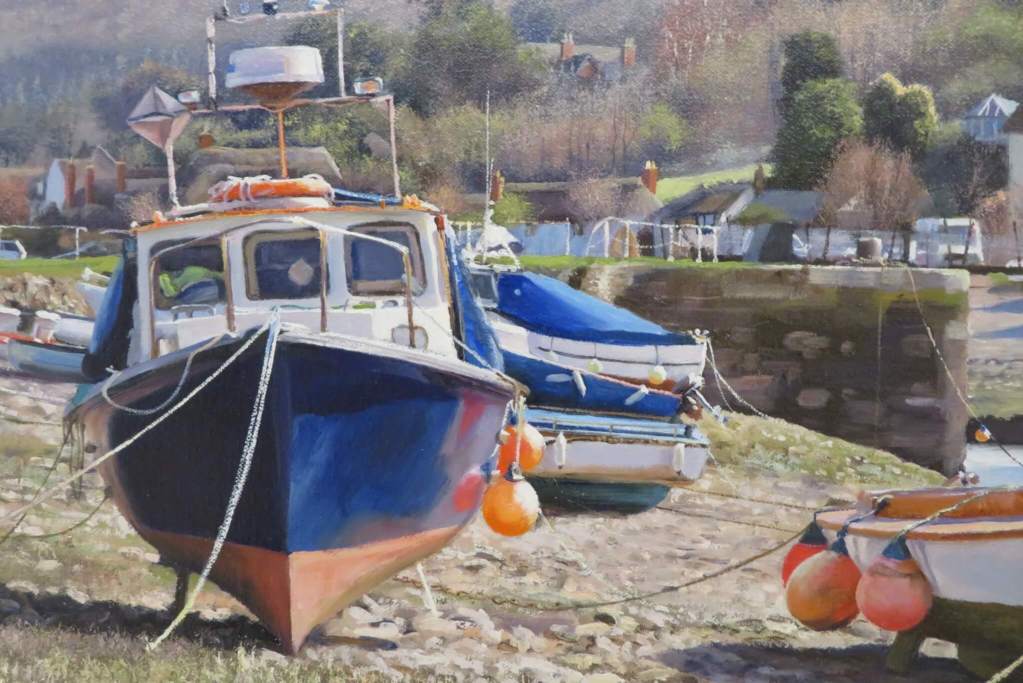 ORIGINAL superb English realist oil painting BOATS AT PORLOCK WEIR SOMERSET  For Sale 1