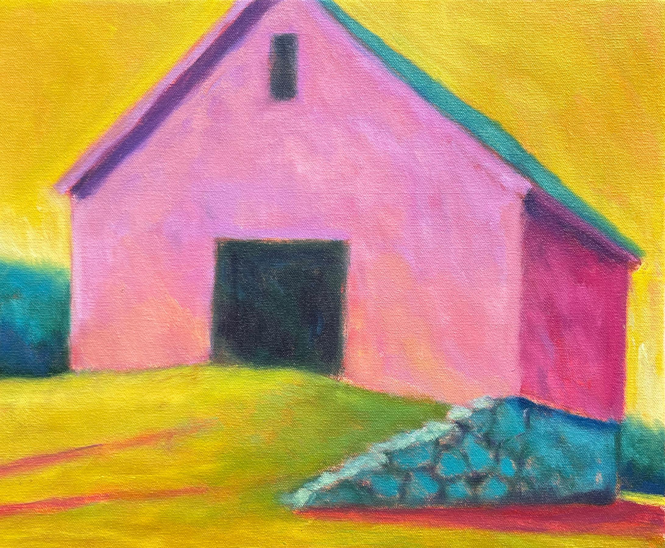 Le ciel jaune,  Huile / toile Paysage, couleurs, architecture 3000 - Jaune Landscape Painting par Peter Batchelder