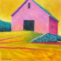 Vintage Yellow Sky,  Oil /Canvas, Rural Landscape, Colors, Architecture, Free Shipping