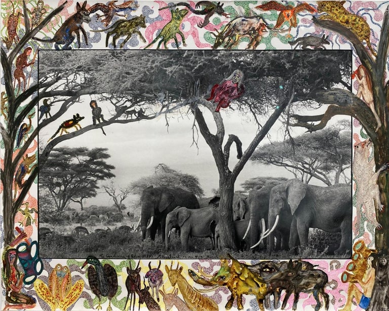 PETER BEARD (1938–2020, USA)
Gardeners of Eden, 1984/2009
Gelatin silver print with watercolor, ink
Sheet 59,7 x 75,9 cm (23 1/2 x 29 7/8 in.)
Frame 81 x 95,4 x 4 cm (31 7/8 x 37 1/2 x 1 5/8 in.) 
Unique
Signed recto and verso in ink

Peter Beard