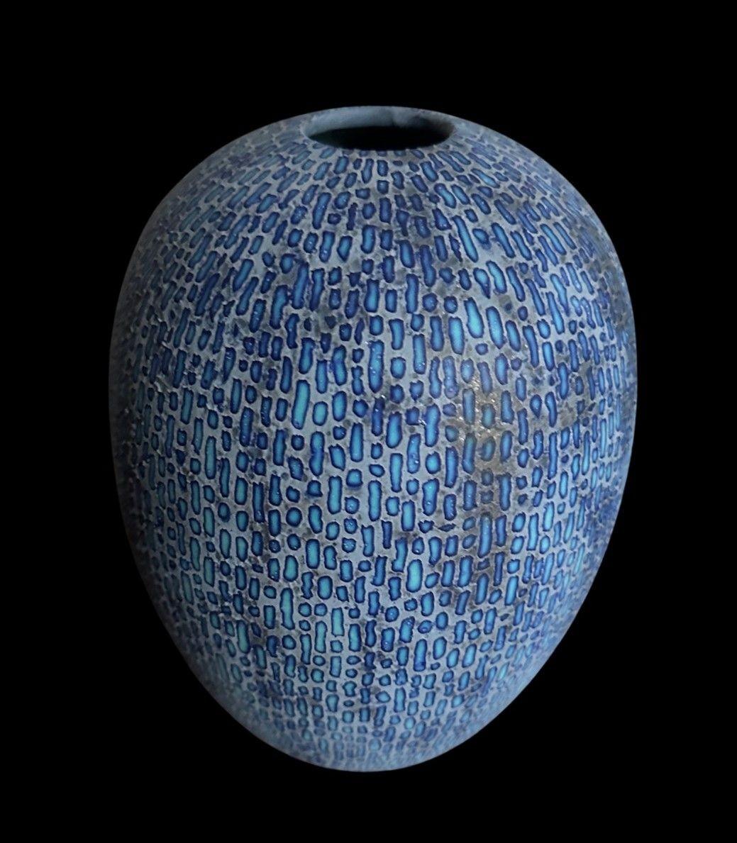 PB35
Peter Beard Vase with an Inverted rim with a “Dash” Design in a Wax Resist Glaze
2024
24cm high, 15cm wide