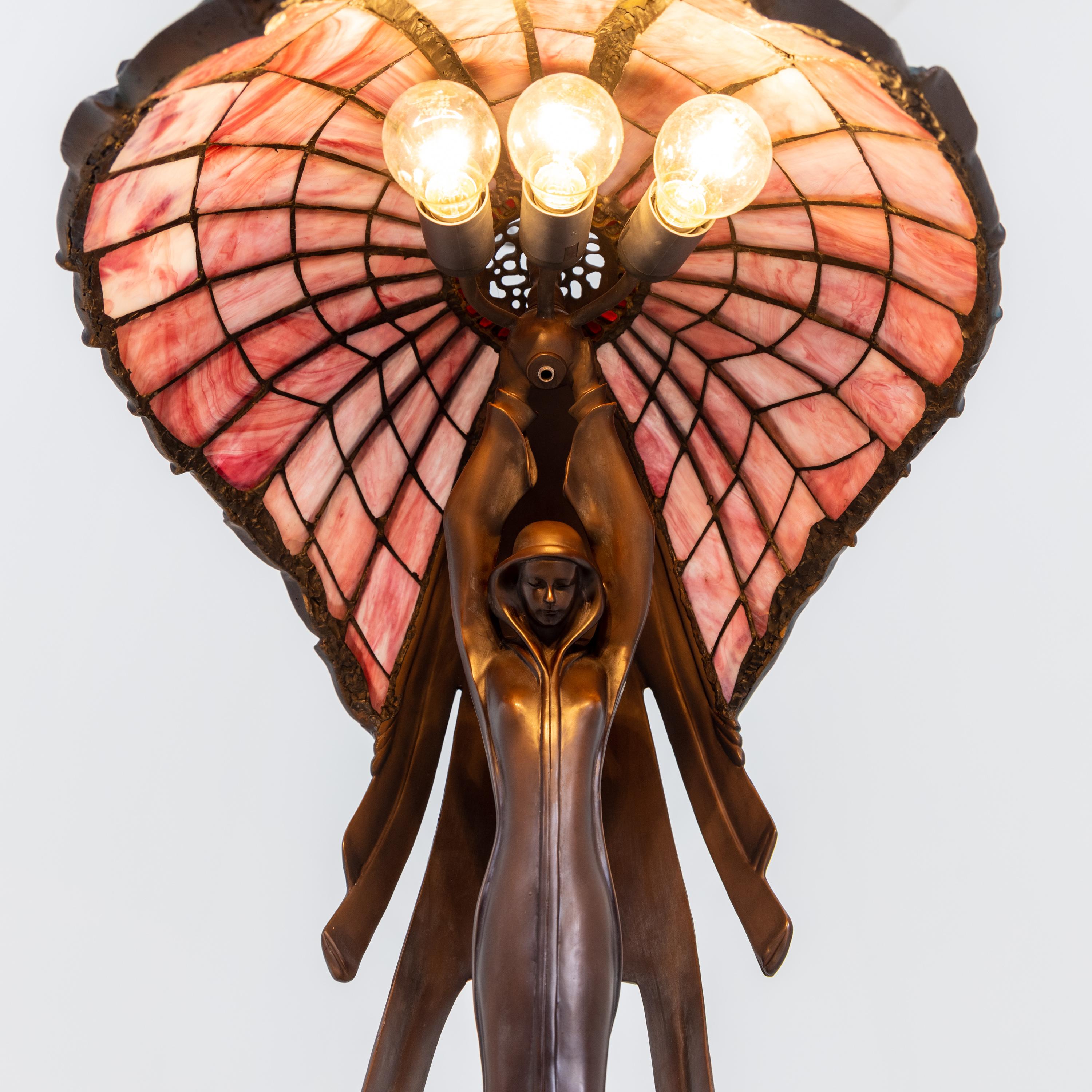 Bronze Peter Behrens' Flying Lady Table Lamp, Tiffany-Style, 2nd Half 20th Century