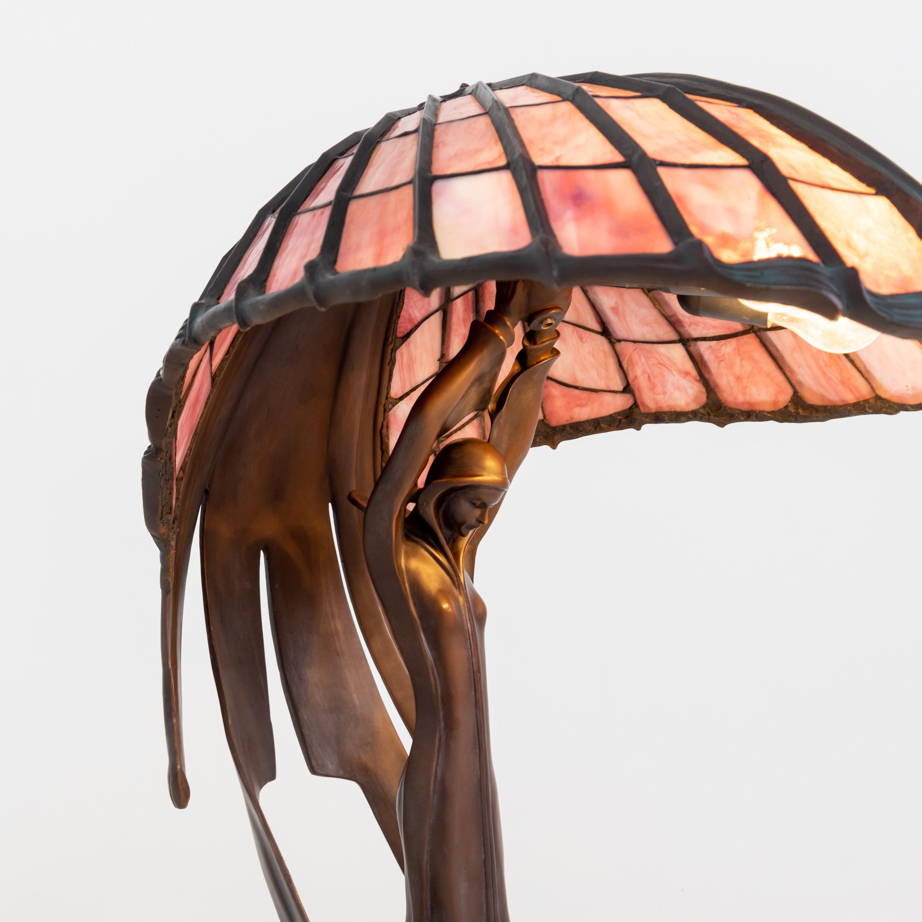 German Peter Behrens' Flying Lady Table Lamp, Tiffany-Style, 2nd Half 20th Century