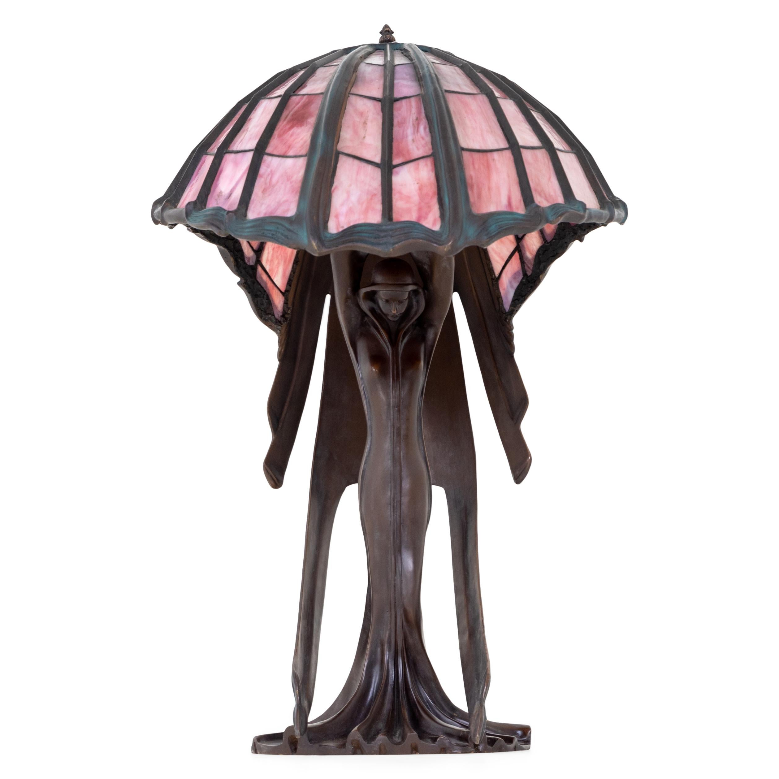 Peter Behrens' Flying Lady Table Lamp, Tiffany-Style, 2nd Half 20th Century
