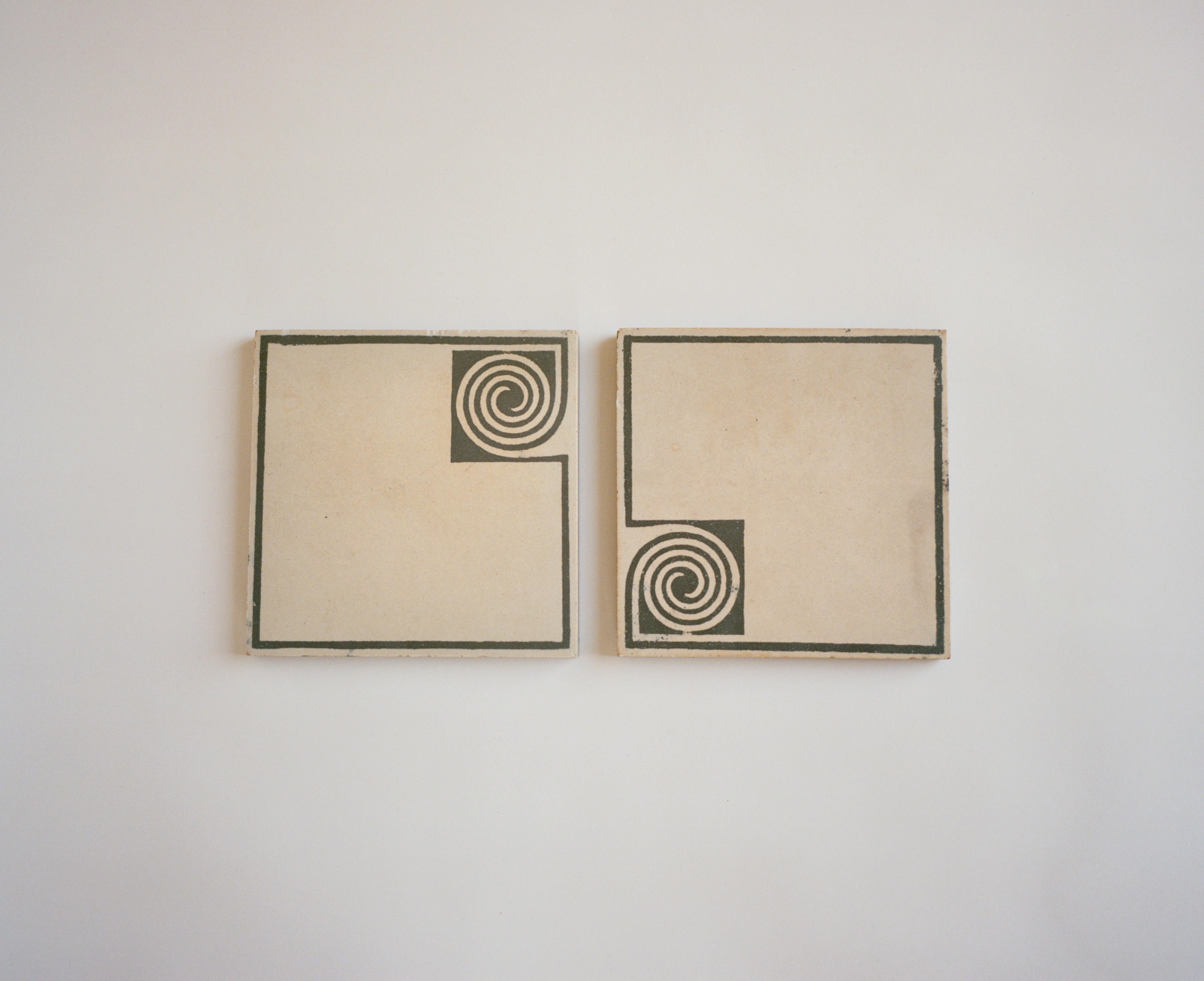 A pair of stoneware tiles designed by Peter Behrens for Villeroy & Boch, circa 1903, produced in Mettlach, Germany exhibiting Behrens clean, modernist aesthetic and departure from Art Nouveau. Peter Behrens (1868-1940) was an architect and