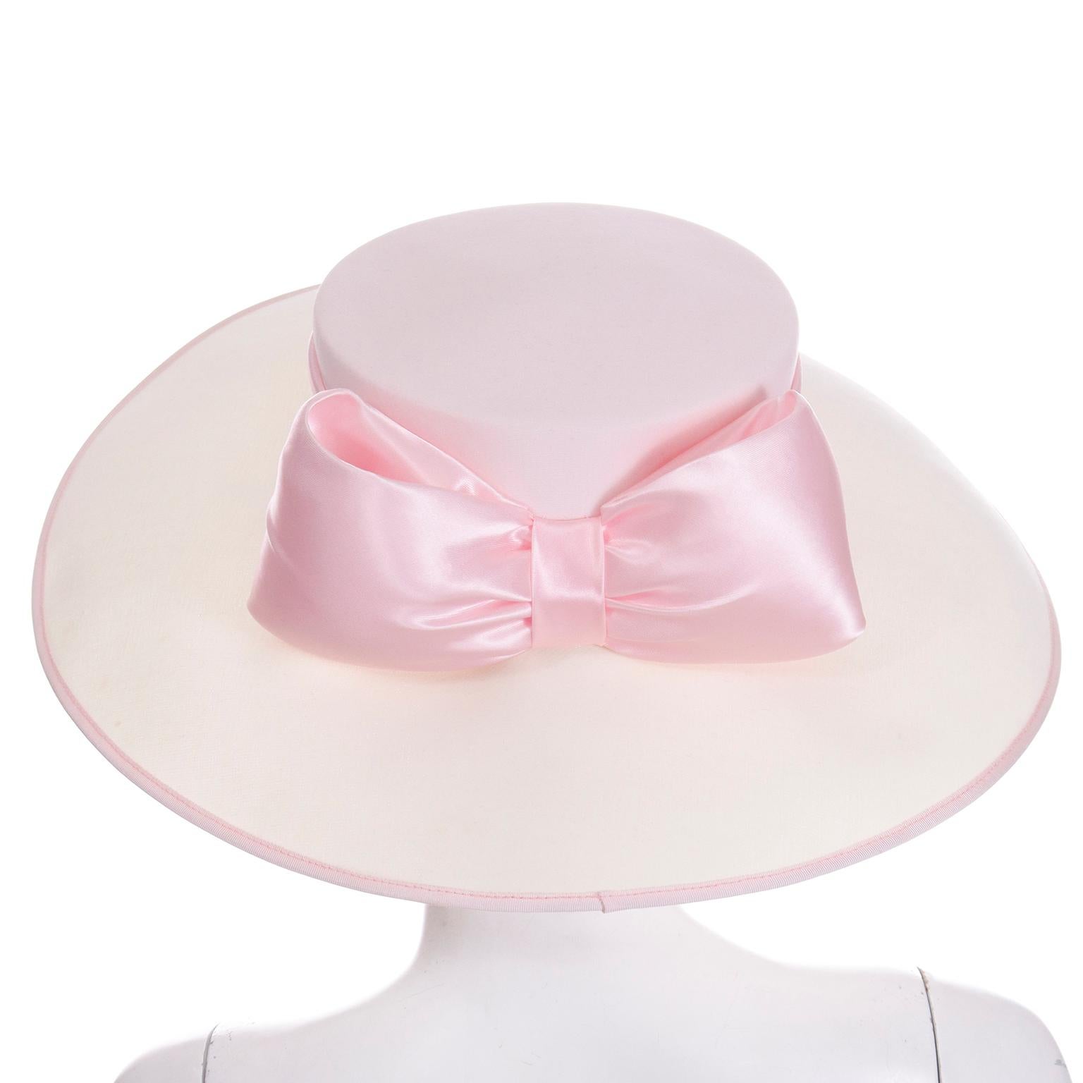 White Peter Bettley London Cream Wide Brim Hat With Pink Satin Bow & Ribbon For Sale