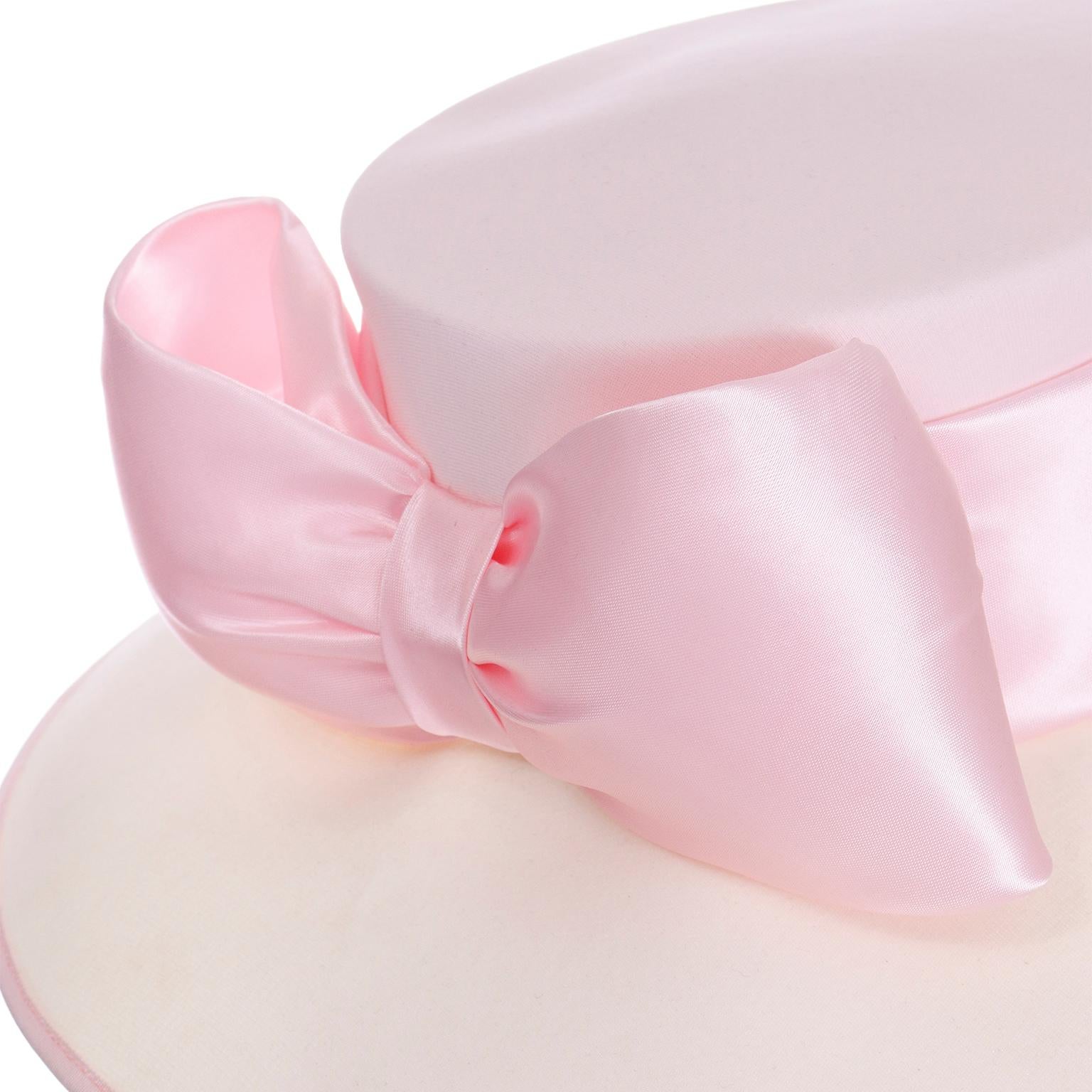 Peter Bettley London Cream Wide Brim Hat With Pink Satin Bow & Ribbon In Excellent Condition For Sale In Portland, OR