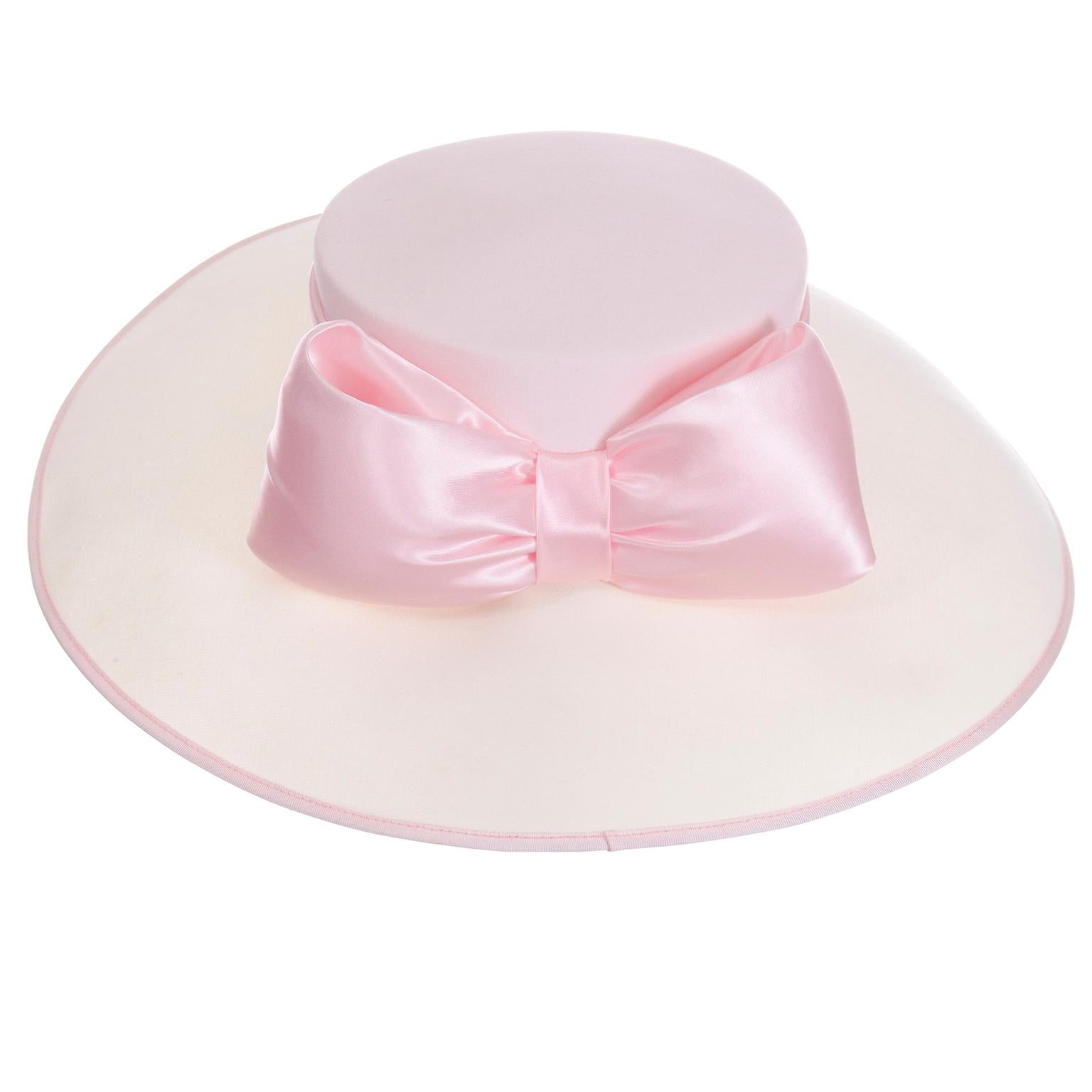 Peter Bettley London Cream Wide Brim Hat With Pink Satin Bow & Ribbon
