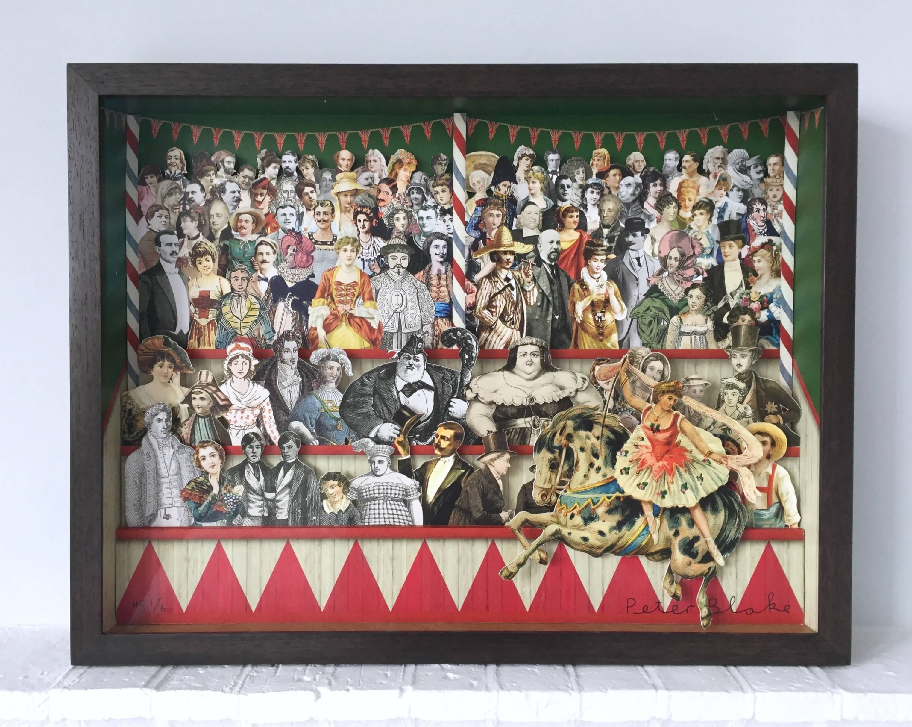 In the 3D Circus works, Peter Blake has combined his love of the circus with his characteristic collaged crowds in a 3 dimensional format. The works are inspired by Lothar Meggendorfer ‘s International Circus a pop-up book first published in 1887.