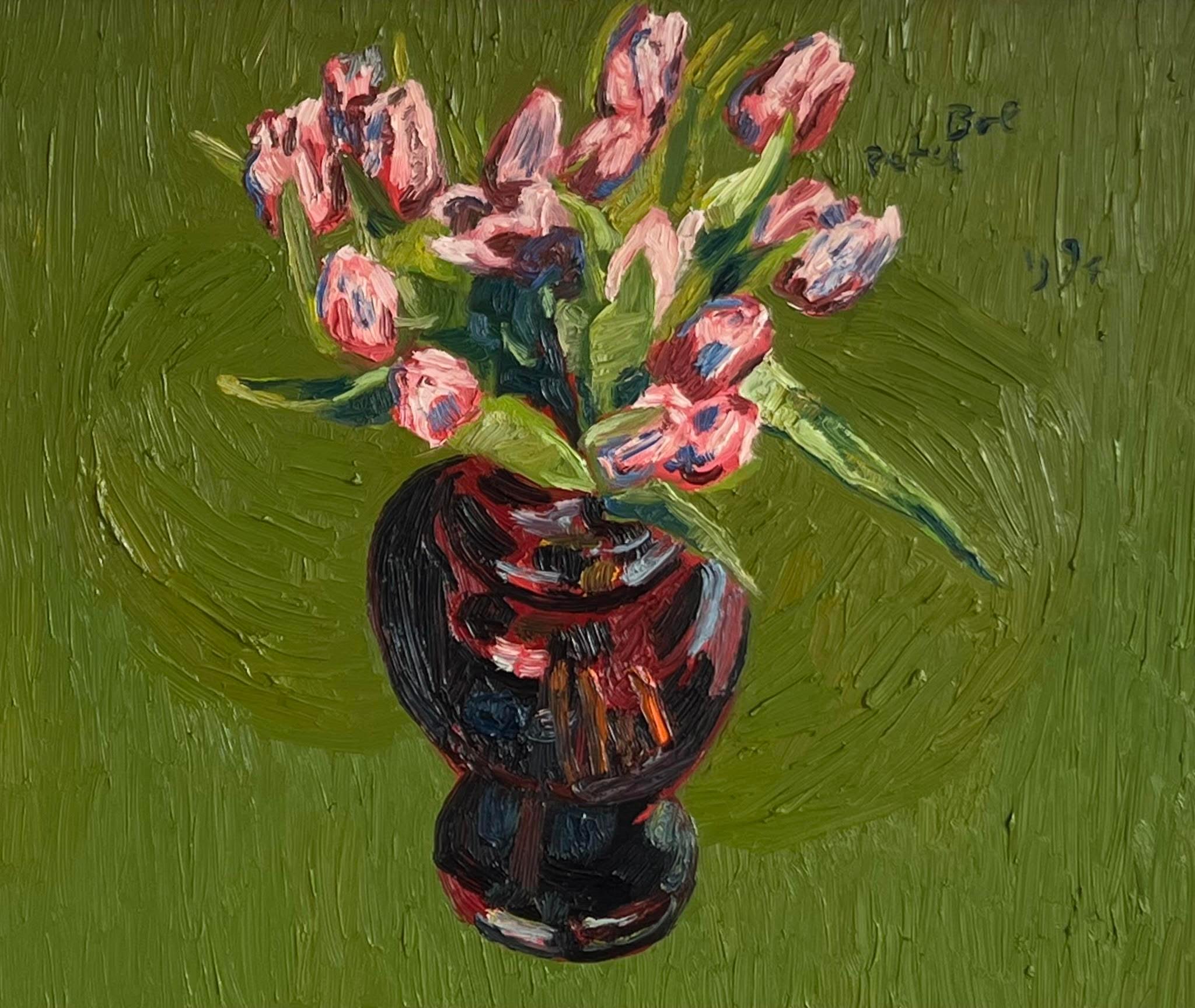 Tulpen in Vaas Tulpen, Tulpen in Vase, Ölgemälde auf Tafel, gerahmtes Stillleben, auf Lager, Stillleben – Painting von Peter Bol