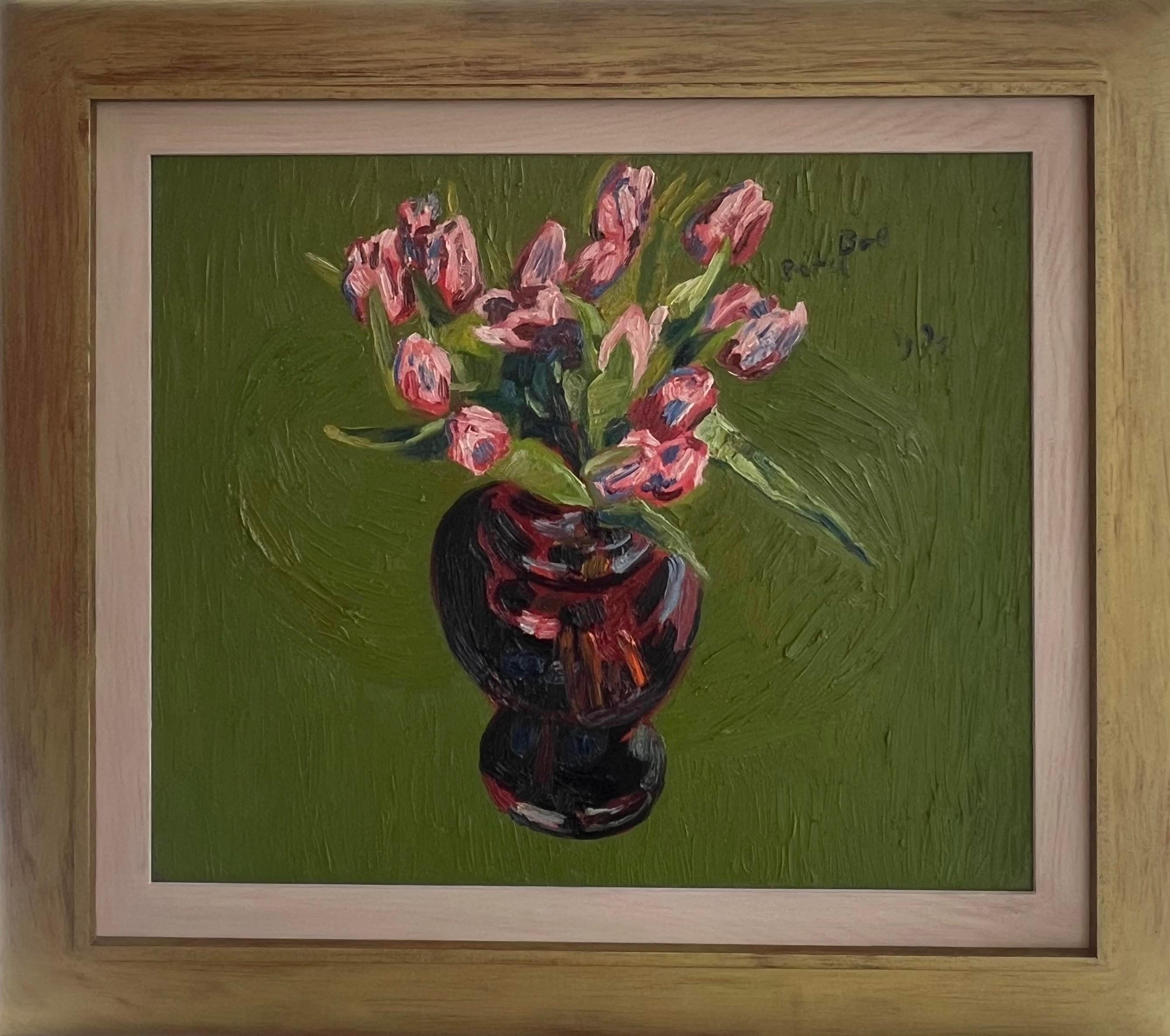 Tulpen in Vaas Tulpen, Tulpen in Vase, Ölgemälde auf Tafel, gerahmtes Stillleben, auf Lager, Stillleben (Zeitgenössisch), Painting, von Peter Bol