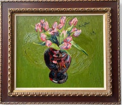Tulpenvaas Tulips in Vase Oil Painting on Panel Framed Still Life In Stock