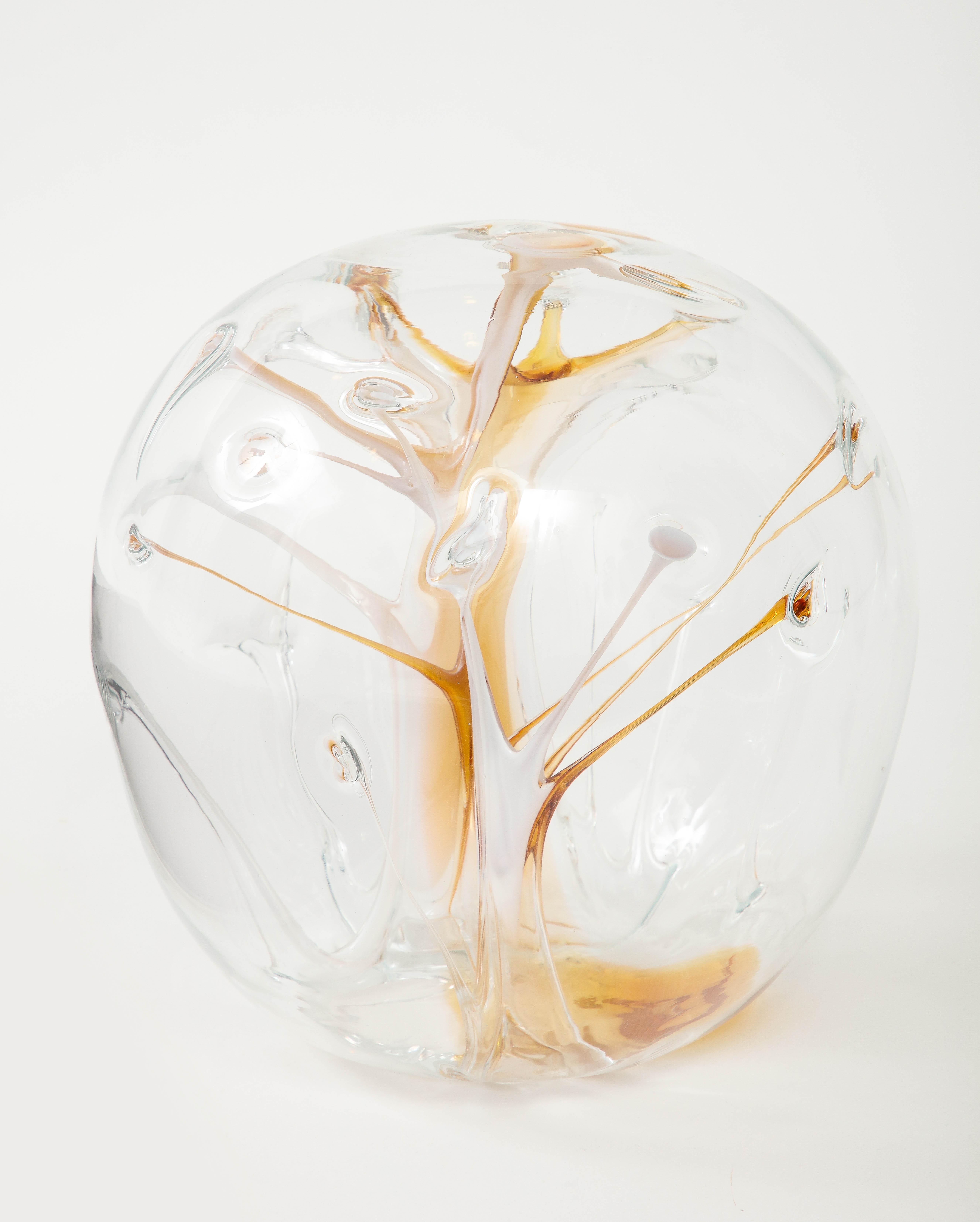 American Peter Bramhall Amber, Clear Glass Orb For Sale