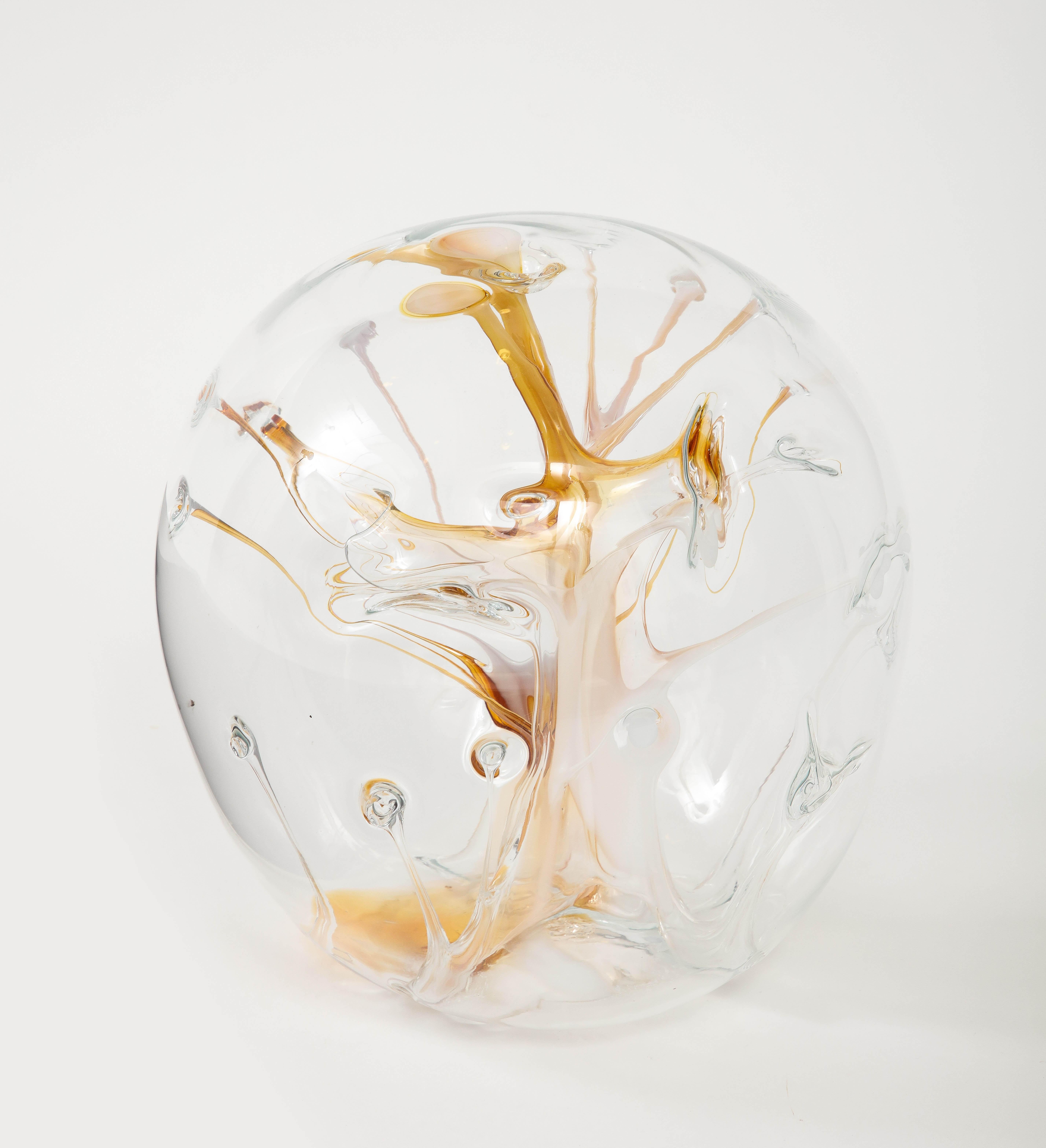 Hand-Crafted Peter Bramhall Amber, Clear Glass Orb For Sale