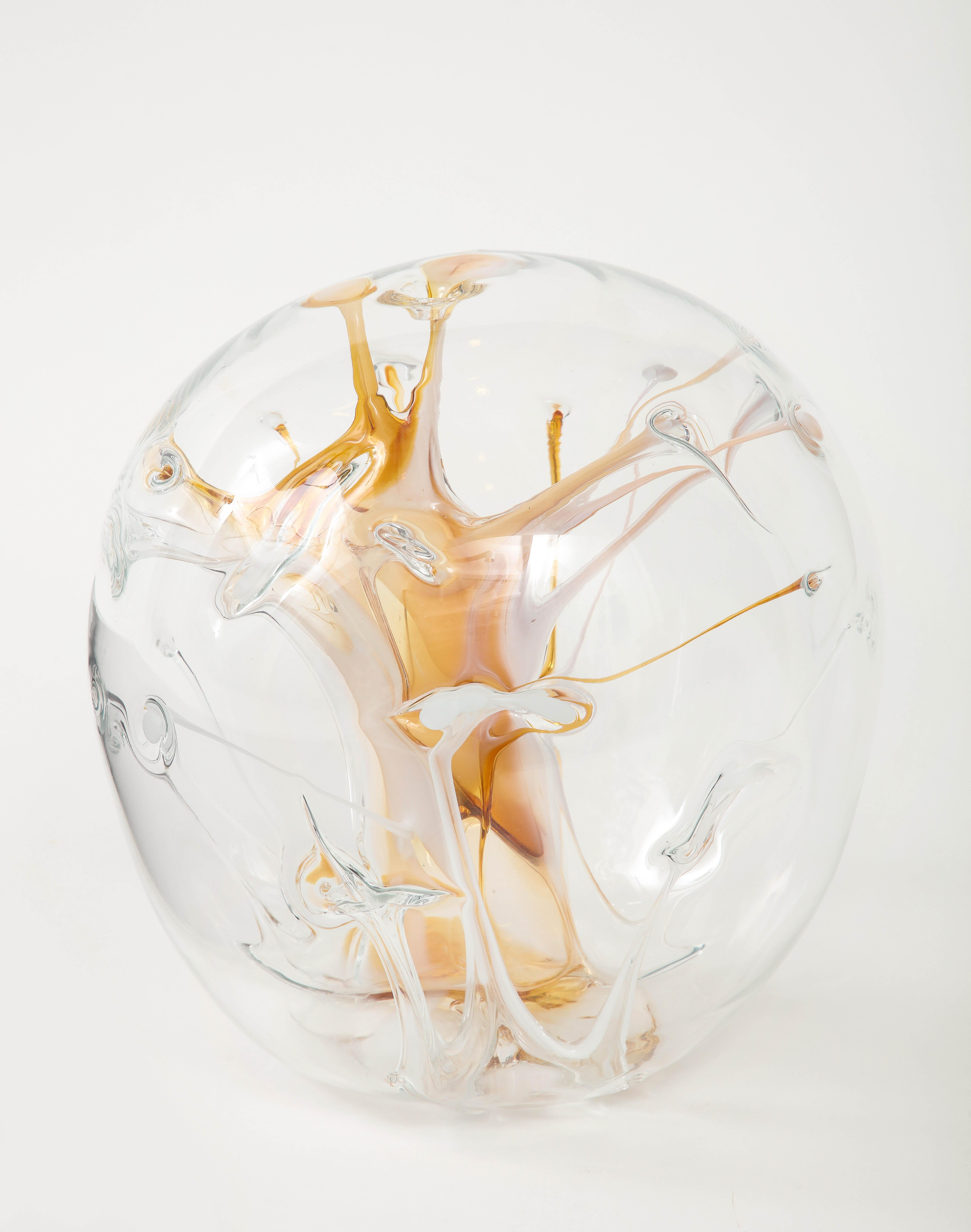 Peter Bramhall Amber, Clear Glass Orb In Excellent Condition For Sale In New York, NY