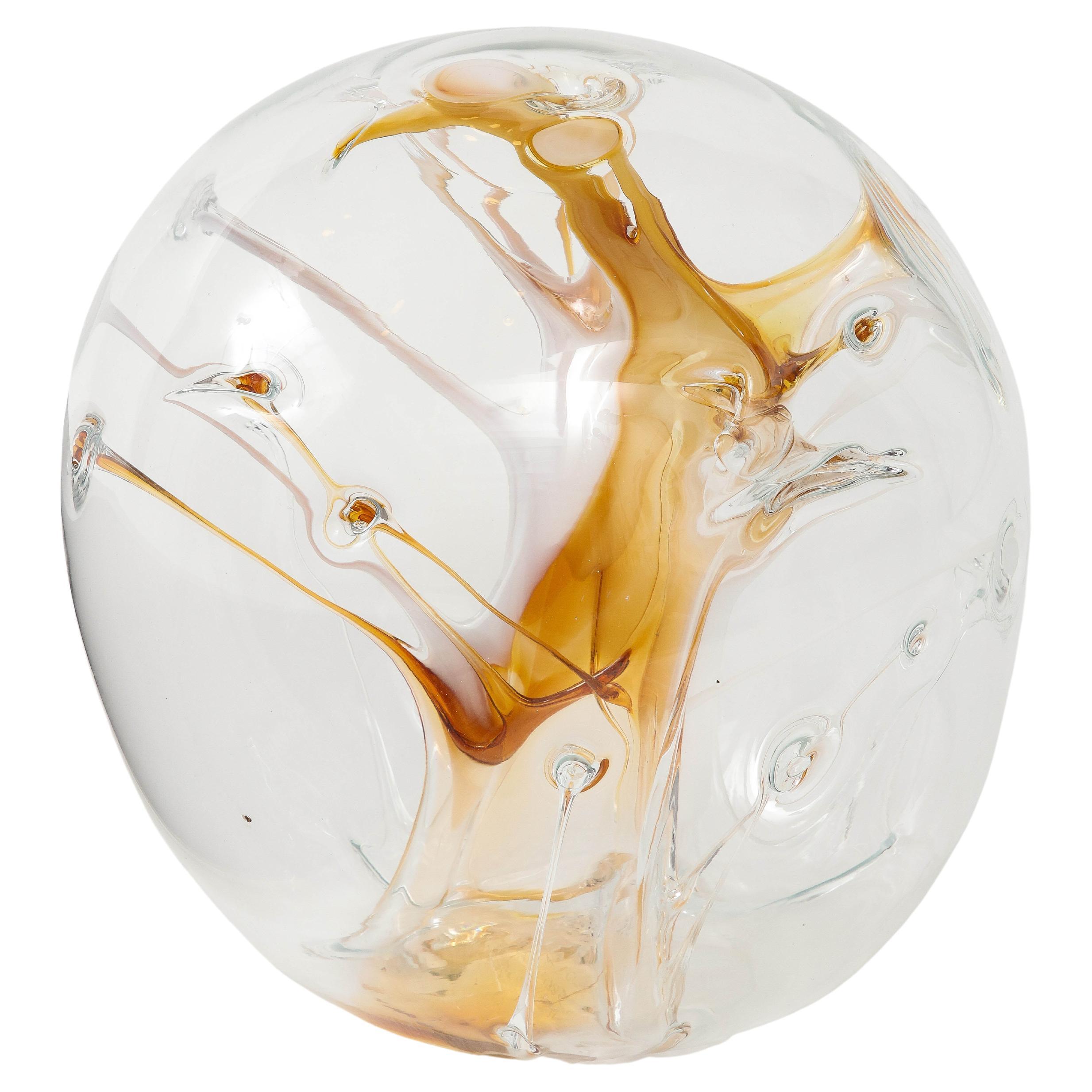 Peter Bramhall Amber, Clear Glass Orb For Sale