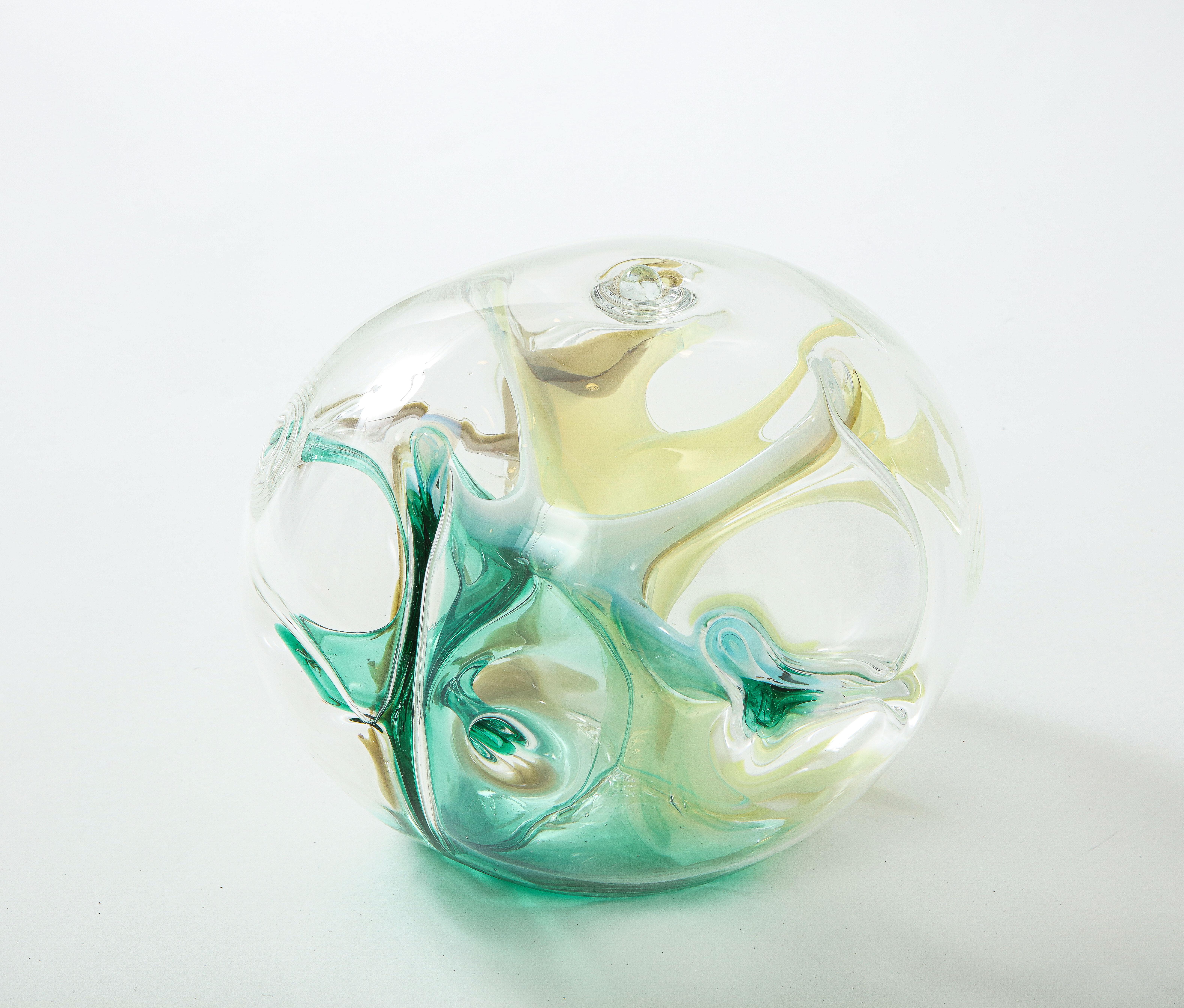 Modern Peter Bramhall Emerald, Ochre Clear Glass Orb