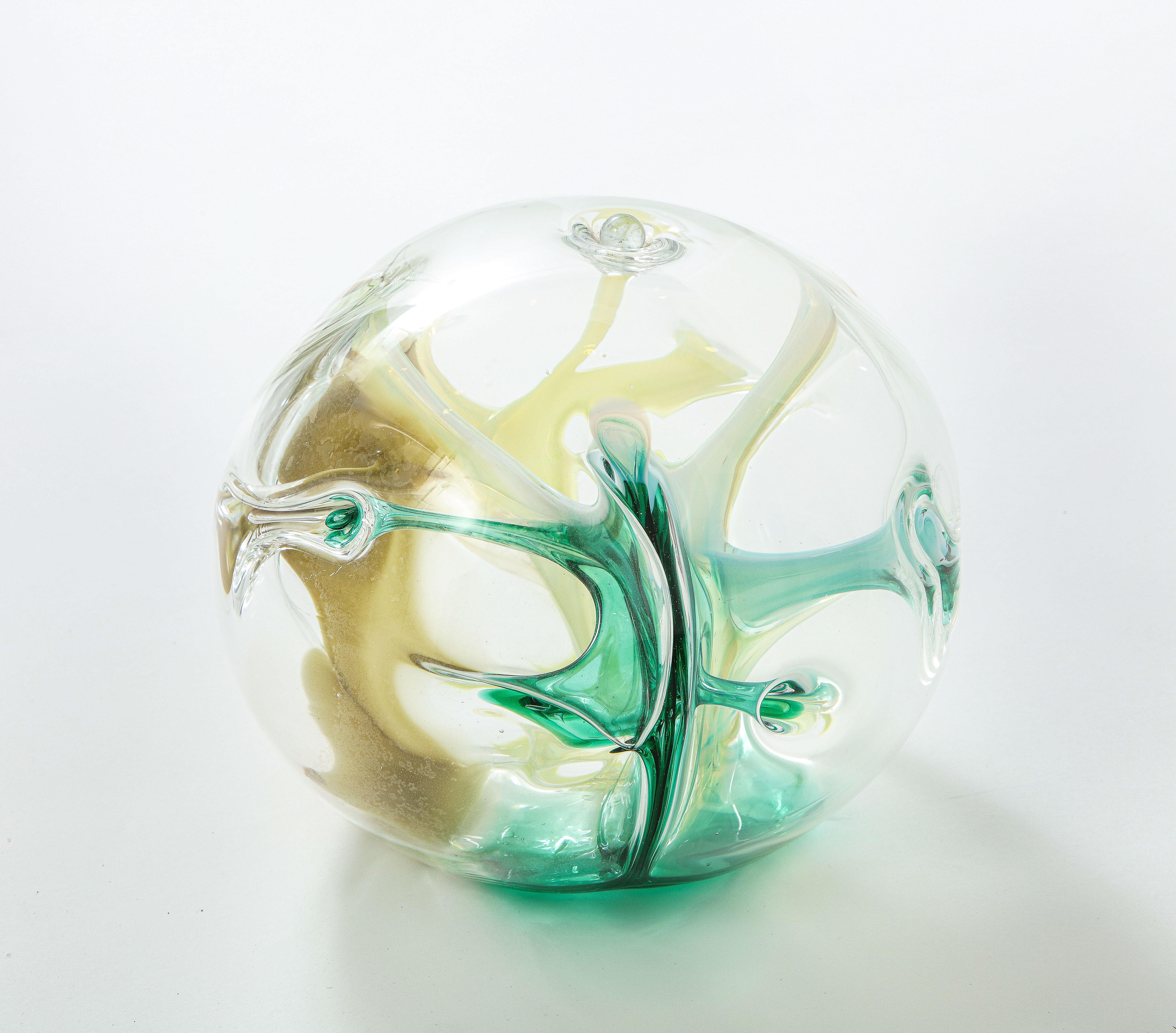 Hand-Crafted Peter Bramhall Emerald, Ochre Clear Glass Orb