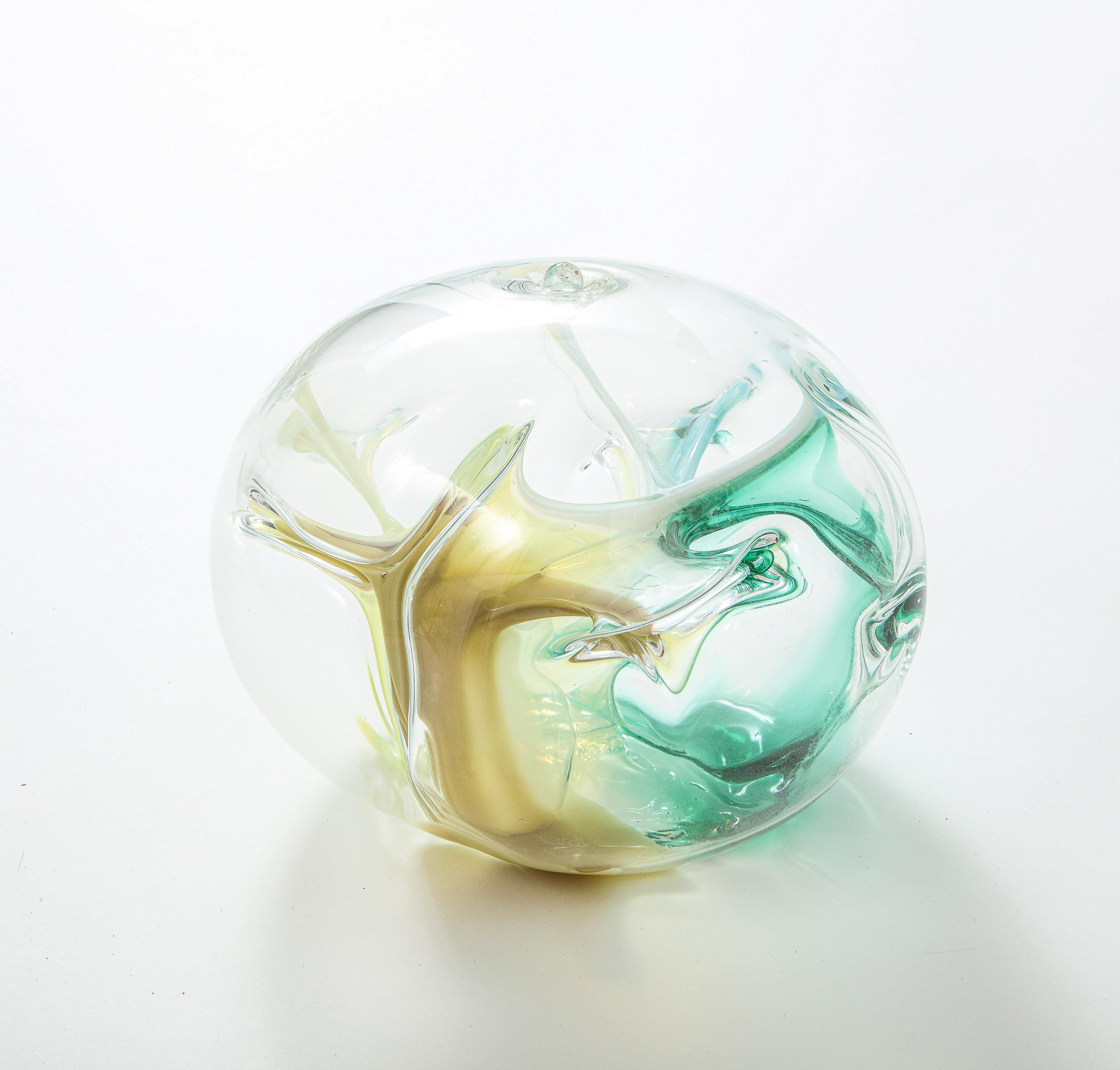 Peter Bramhall Emerald, Ochre Clear Glass Orb In Good Condition In New York, NY