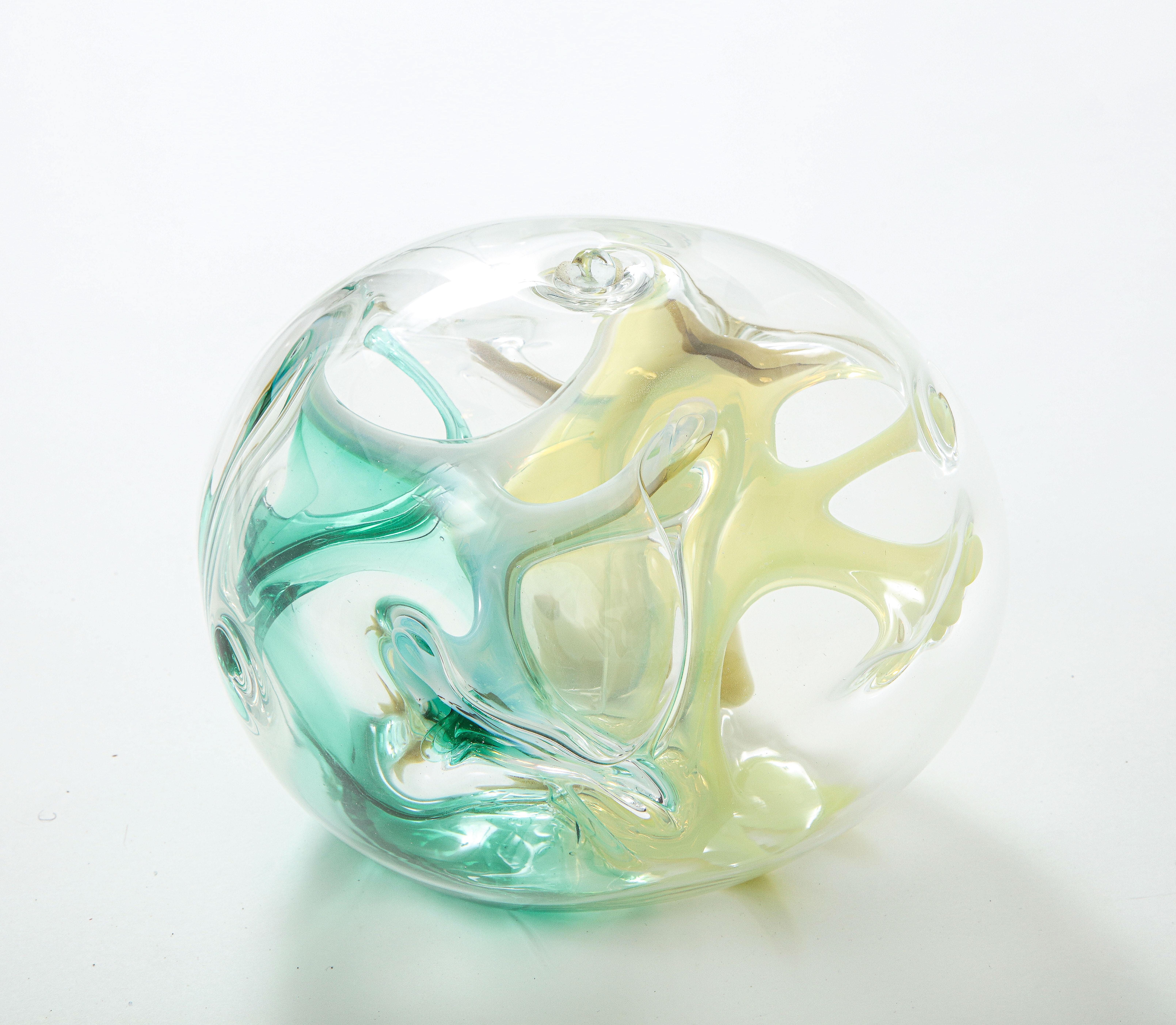 20th Century Peter Bramhall Emerald, Ochre Clear Glass Orb