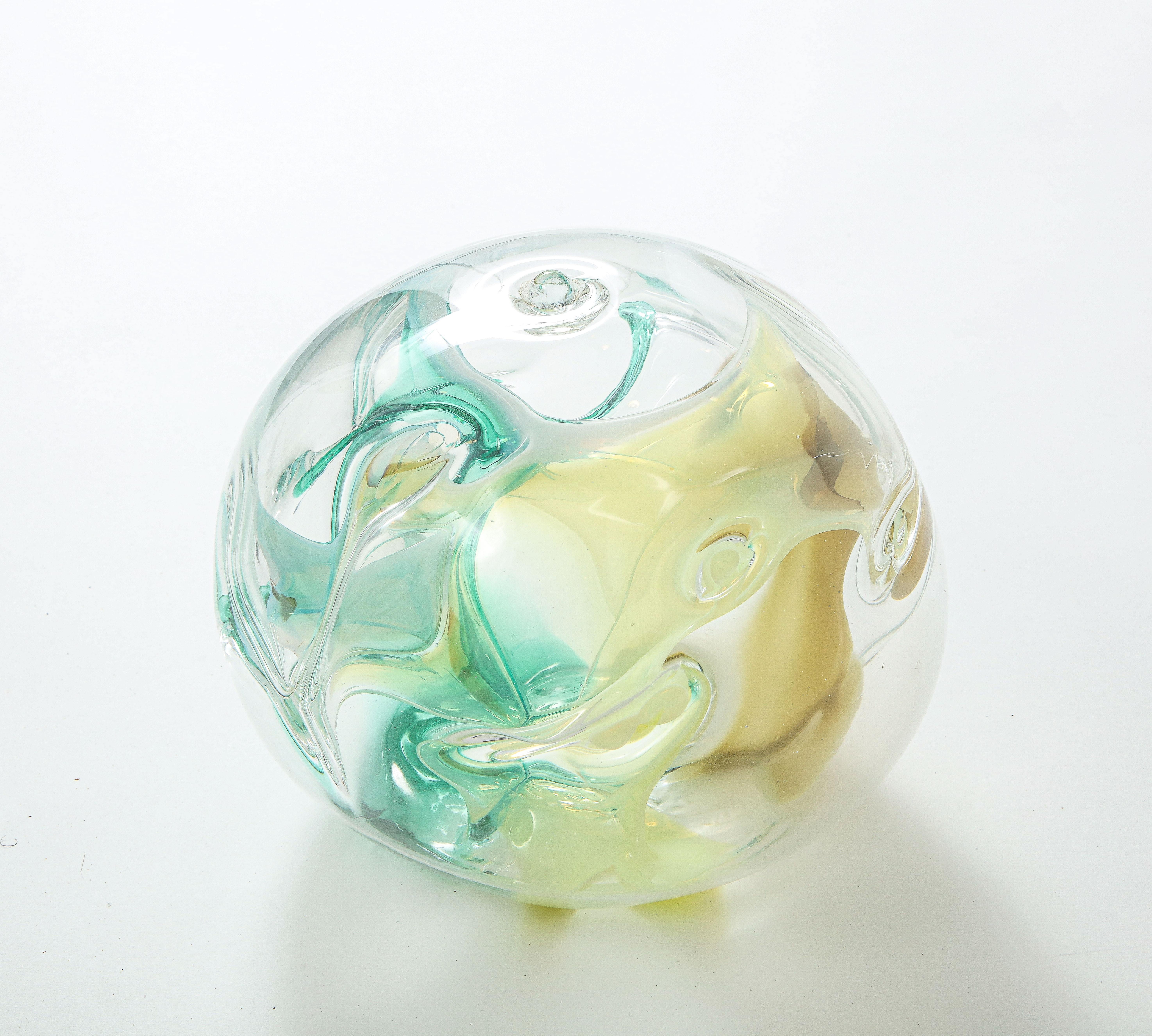 Art Glass Peter Bramhall Emerald, Ochre Clear Glass Orb
