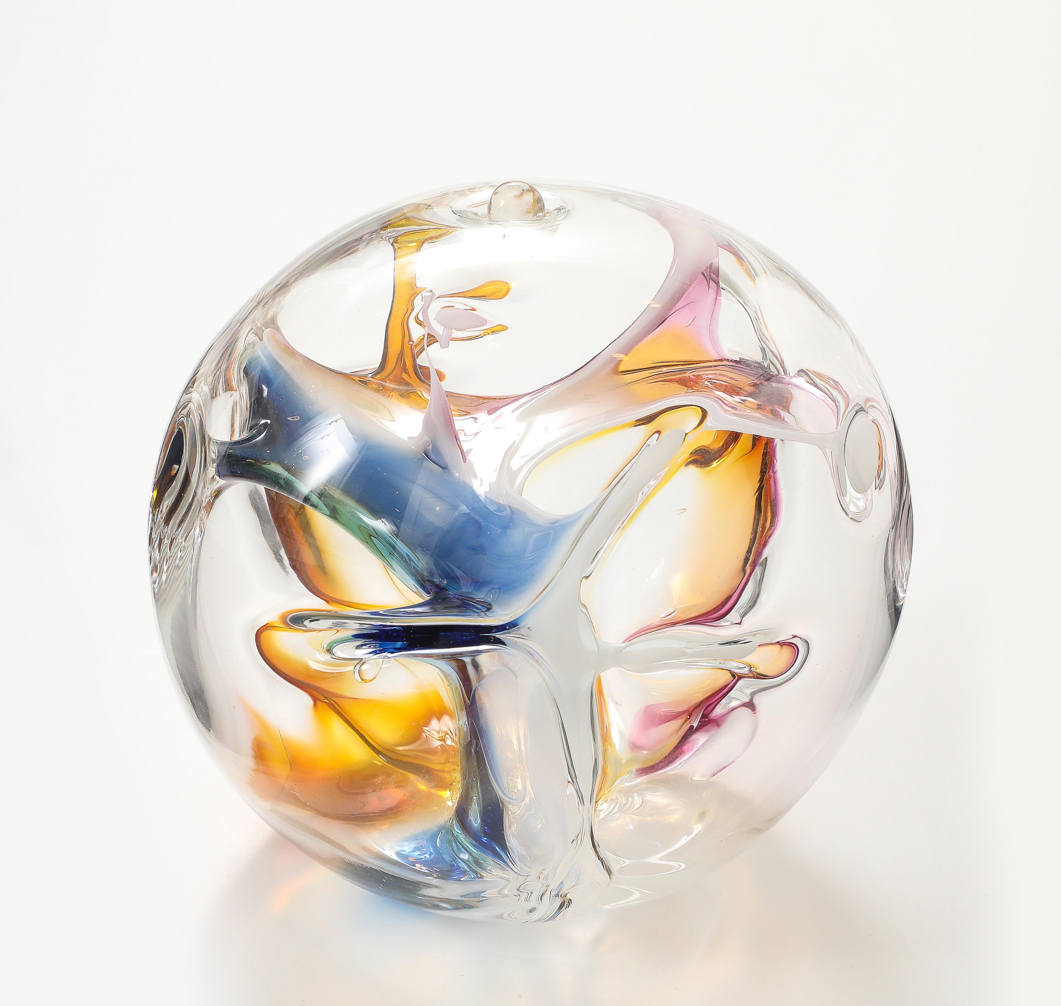 Blown Glass Peter Bramhall Glass orb sculpture, Signed and Dated.