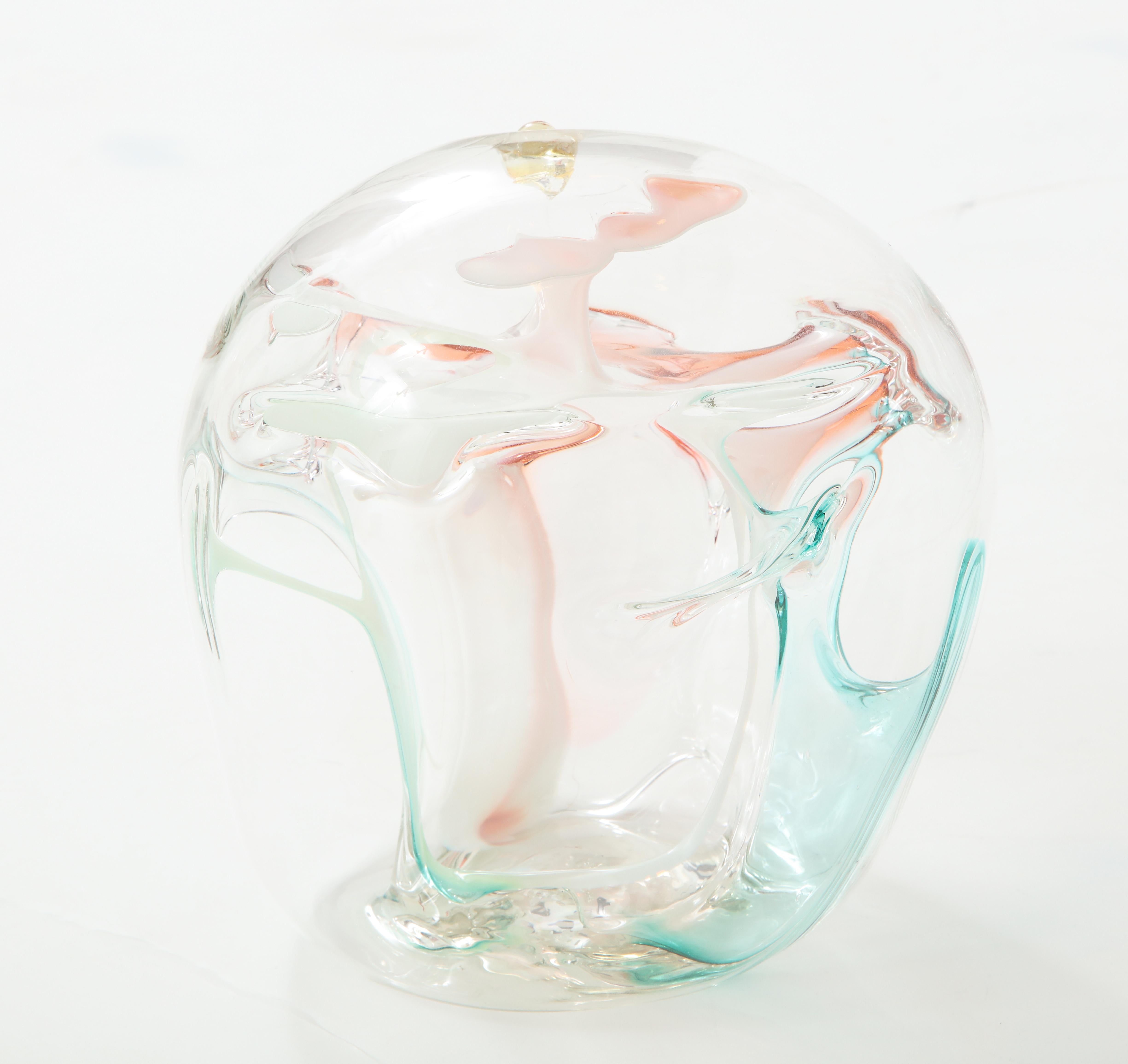 Multi-color hand blown glass sculpture with internal threads in pastel colors. 
The piece is signed and dated by Peter Bramhall.