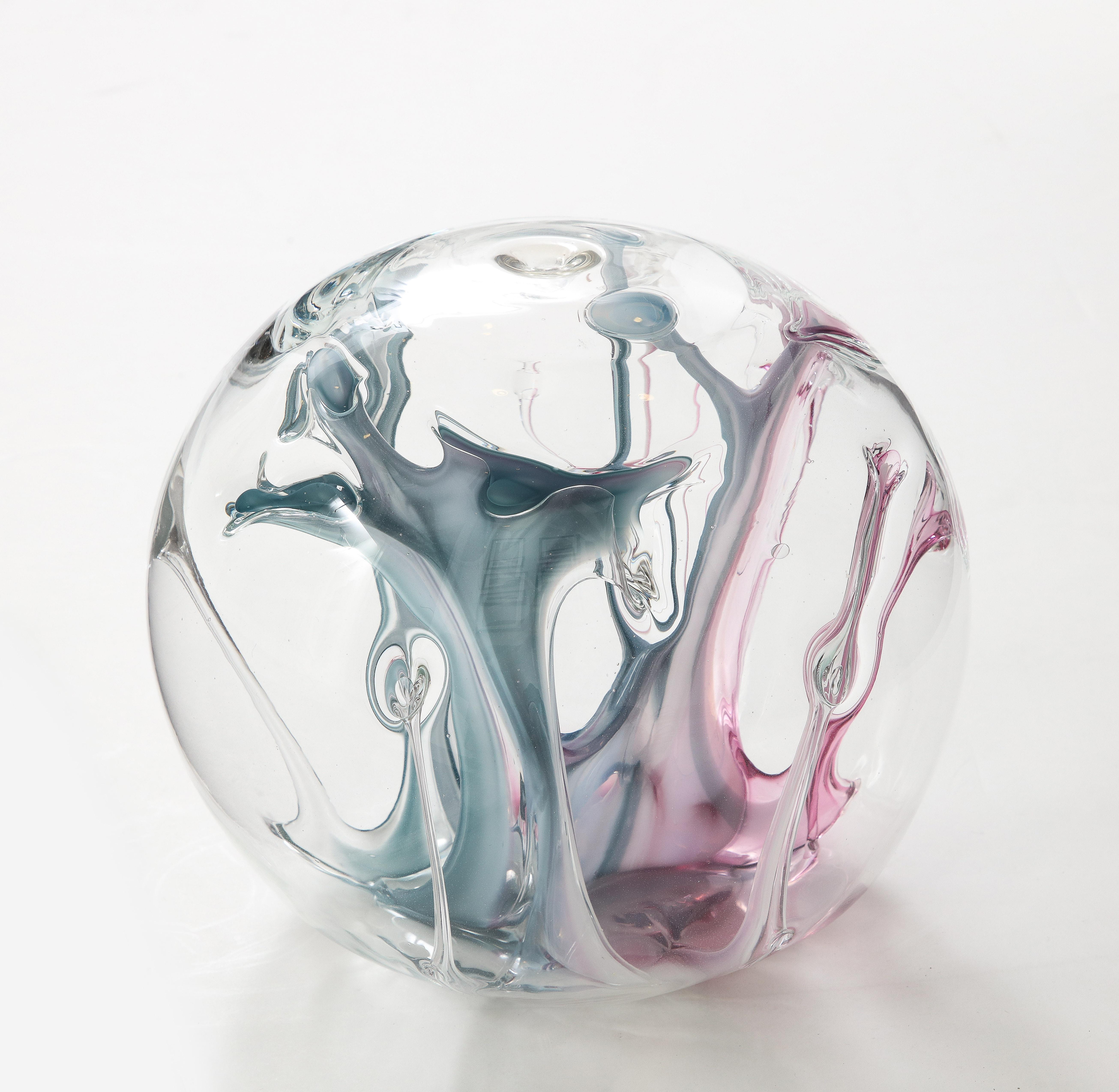 American Peter Bramhall Magenta, Blue Glass Orb For Sale