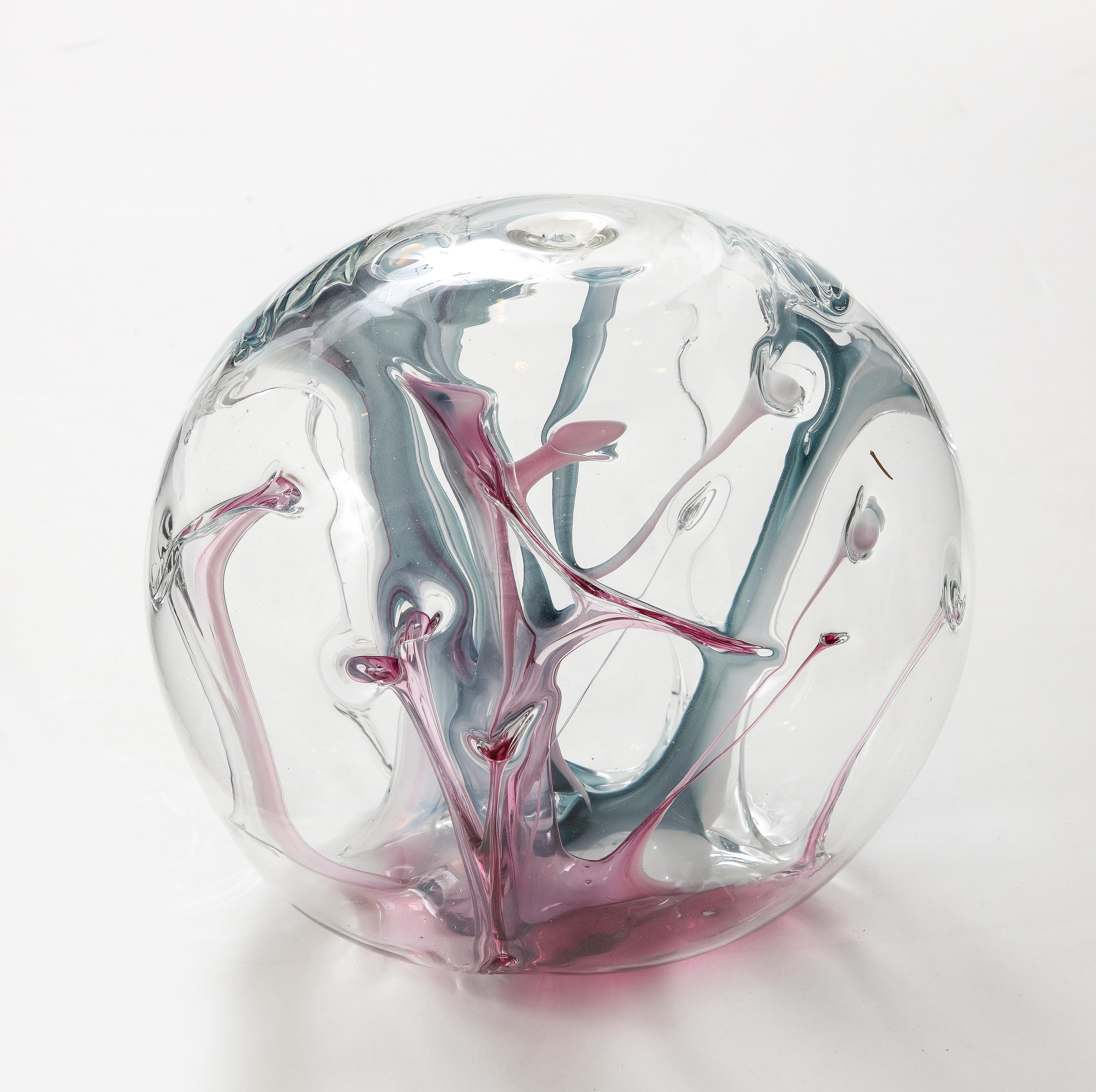 Hand-Crafted Peter Bramhall Magenta, Blue Glass Orb For Sale