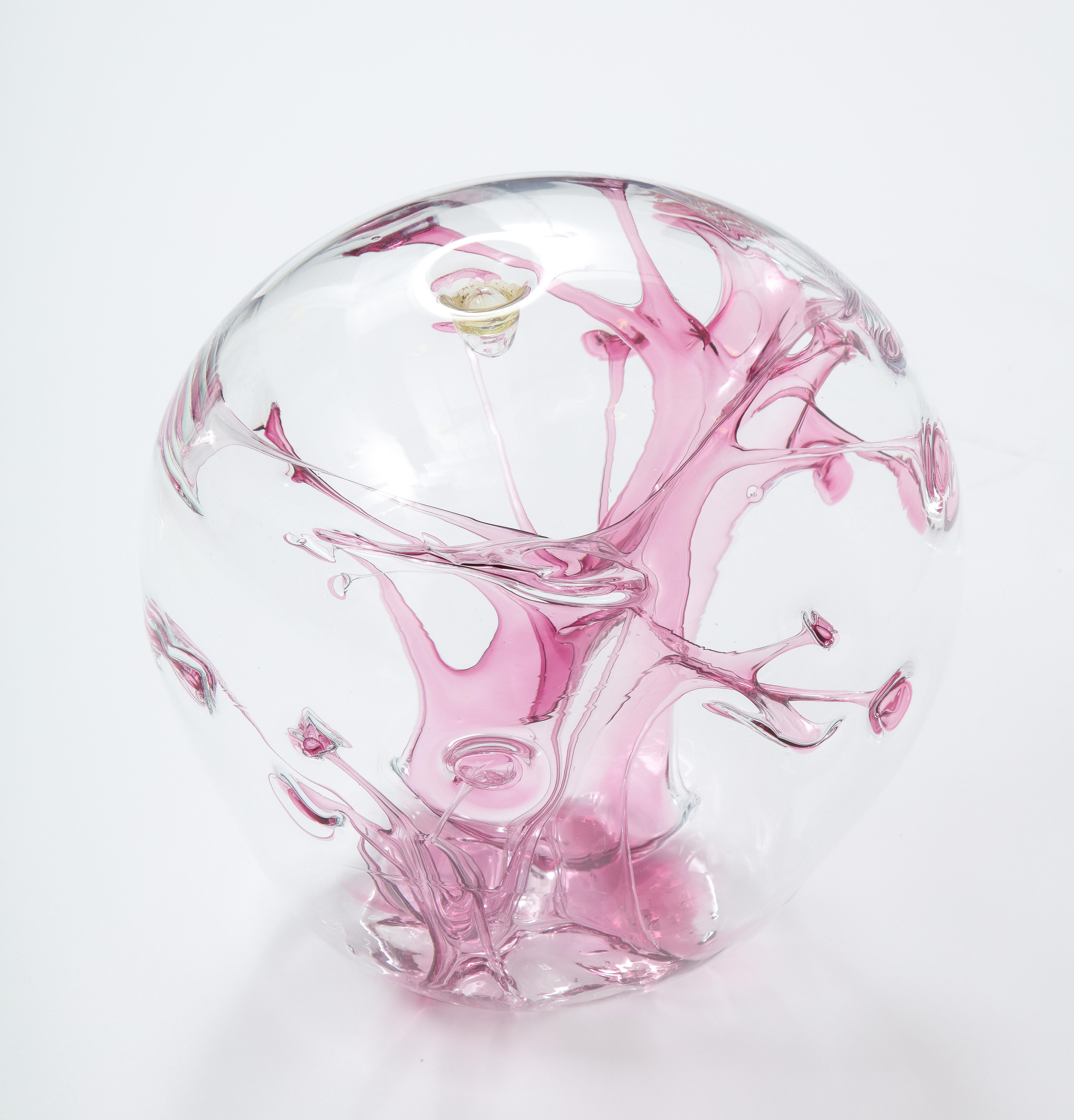 Hand-Crafted Peter Bramhall Magenta, Clear Glass Sculpture