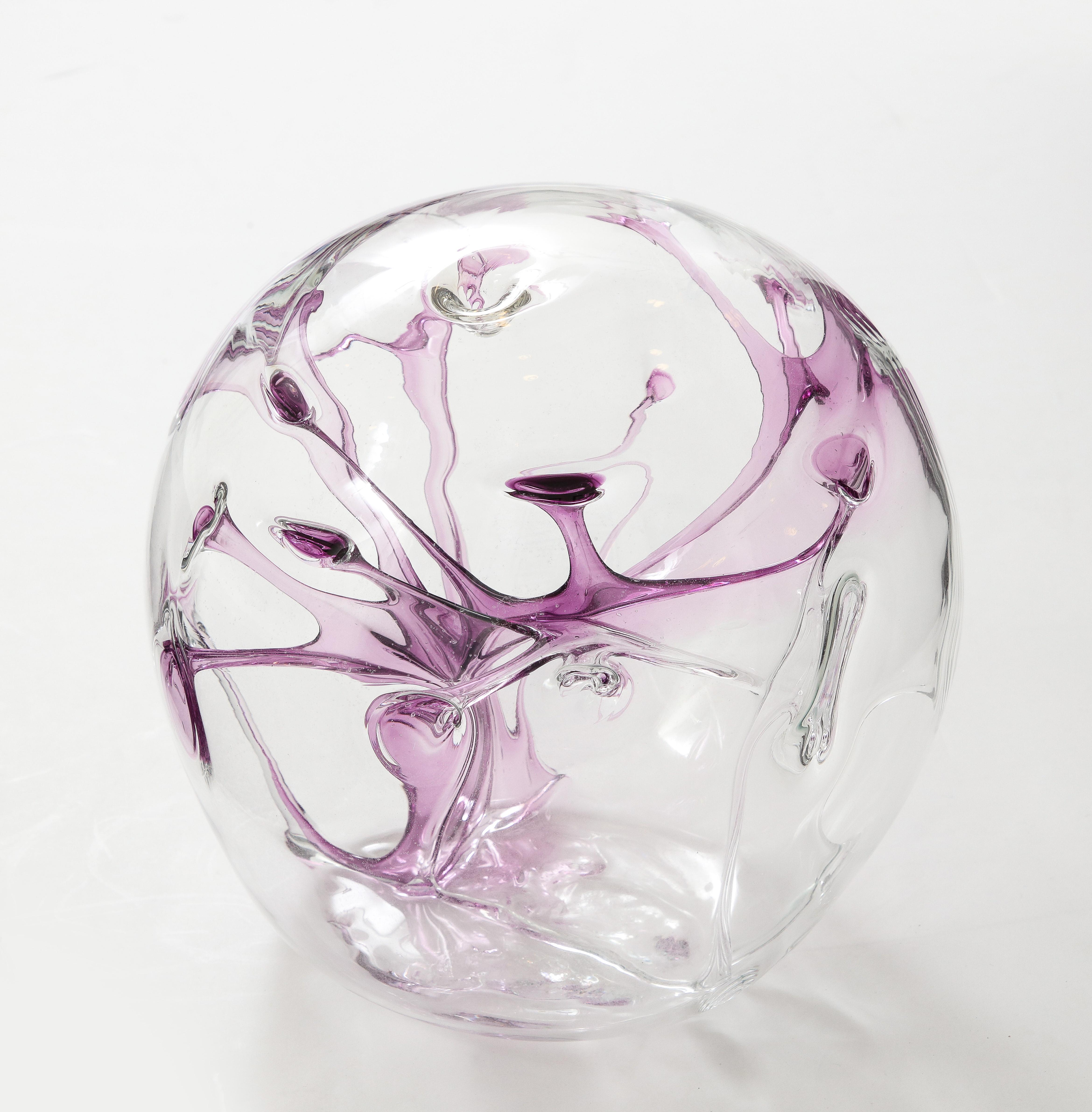 Art Glass Peter Bramhall Violet, Clear Glass Orb For Sale