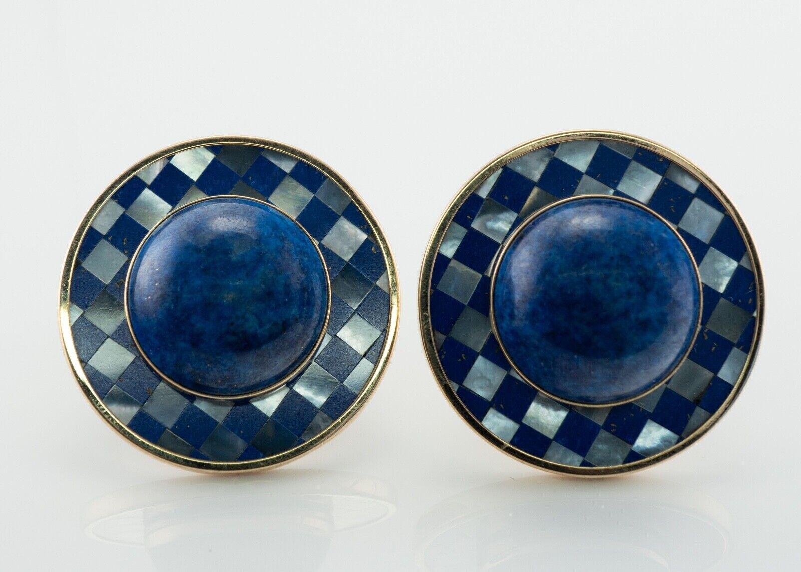 Peter Brams Lapis Lazuli Earrings Mother of Pearl 14K Gold

This unique pair of earrings is finely crafted in solid 14K Yellow gold and set with genuine Lapis Lazuli and Mother of Pearl. The center Lapis cabochon measures 17mm. Each earring is 30mm