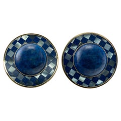 Vintage Peter Brams Lapis Lazuli Earrings Mother of Pearl 14K Gold