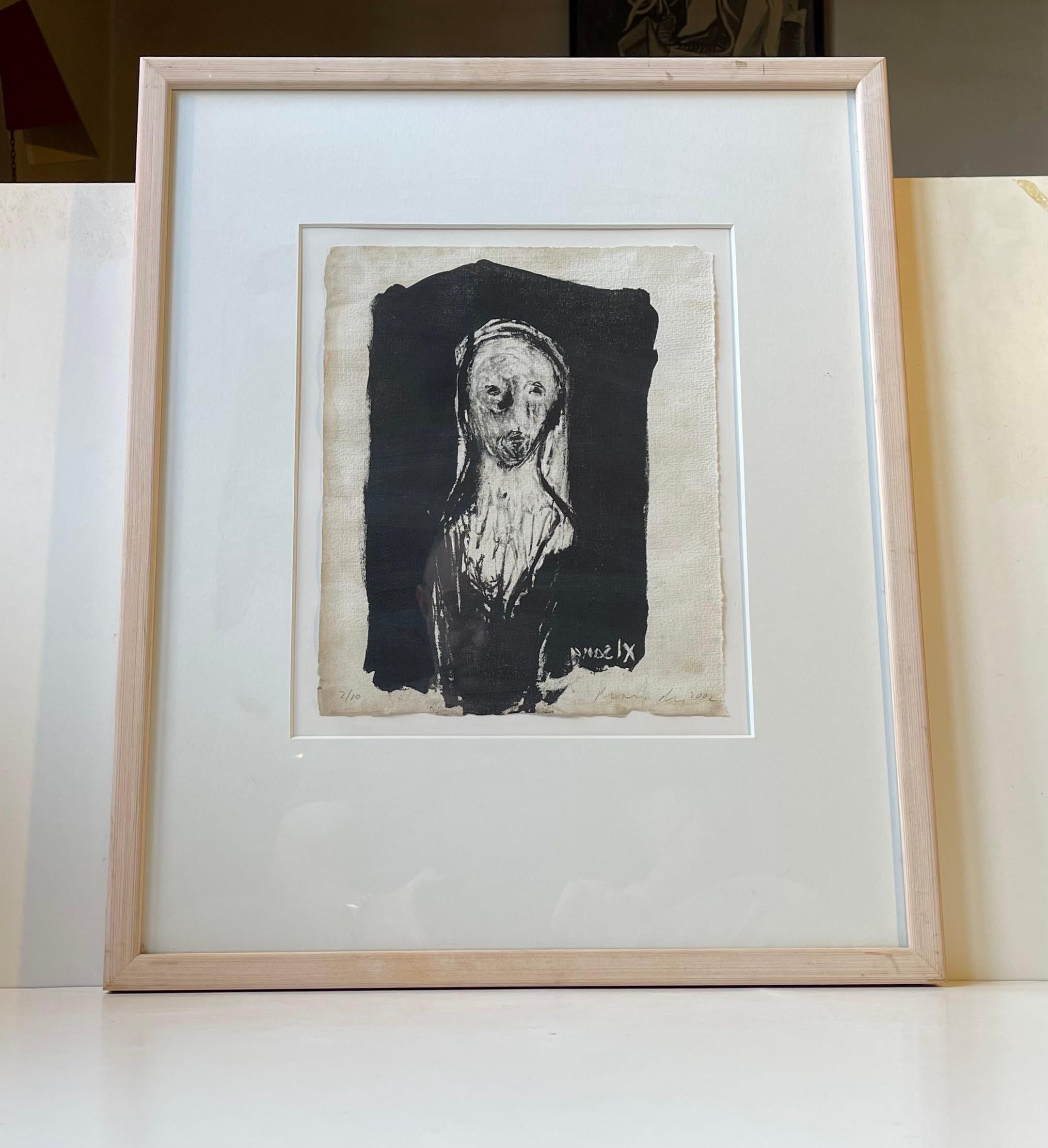 Schwarze lithographische Arbeit Nr. 2 von 10 auf antikem und strapaziertem Papier. Ausgeführt vor der Veröffentlichung des Buches Odysseen - 'Peter Brandes & Homer' von Keld Zeruneith, Duncan Macmillan und Bo Reinholt. Eine Collaboration, bei der