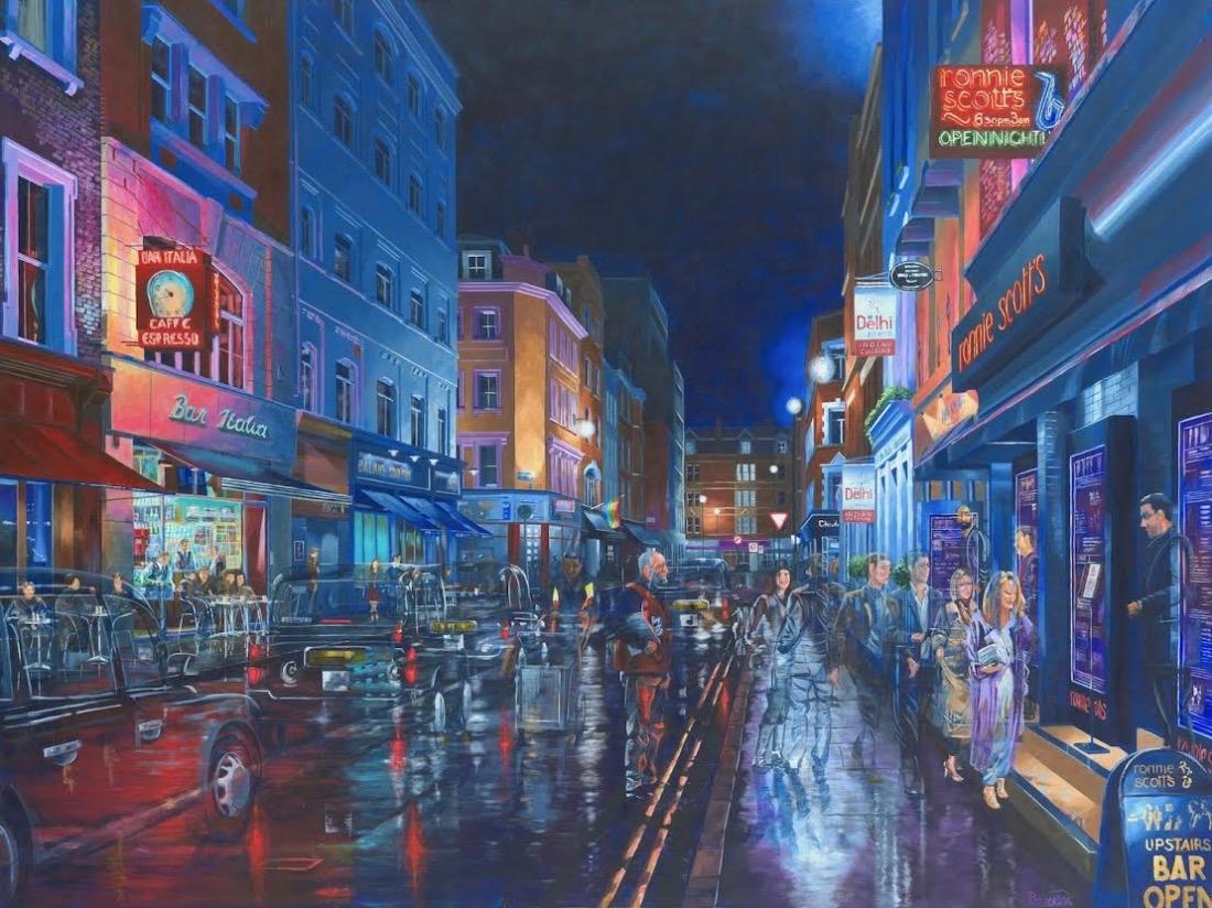 Peter Brimelow RIBA Landscape Painting - Arriving at Ronnie Scotts Fifth St - London realism urban landscape oil painting