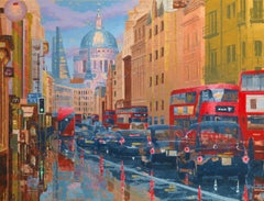 Buses and Black Cabs on Fleet Street II - Realism London cityscape painting art