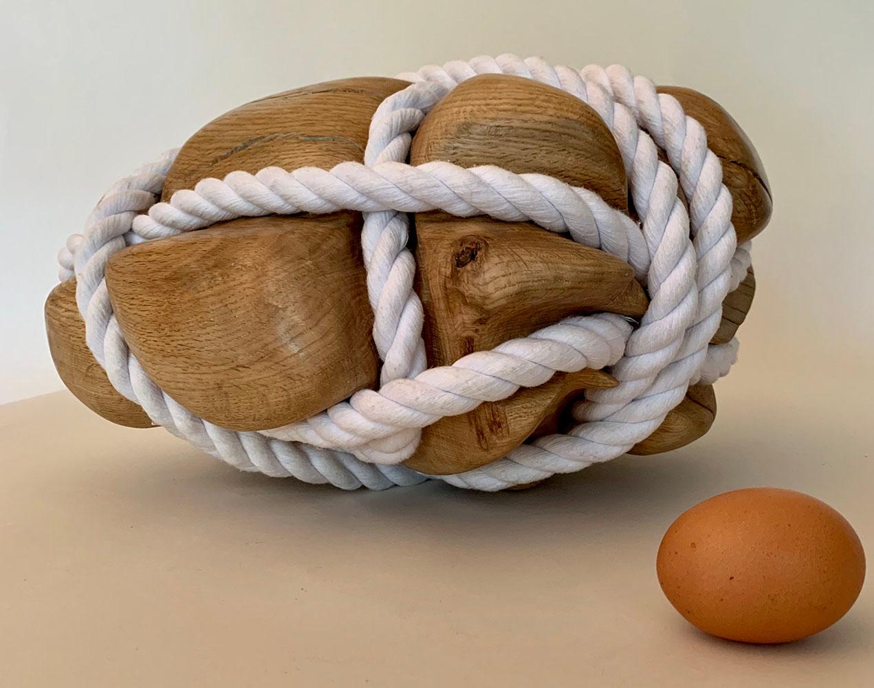 Bound Heart by Peter Brooke-Ball - Cord and oak wood sculpture, abstract, sense For Sale 4