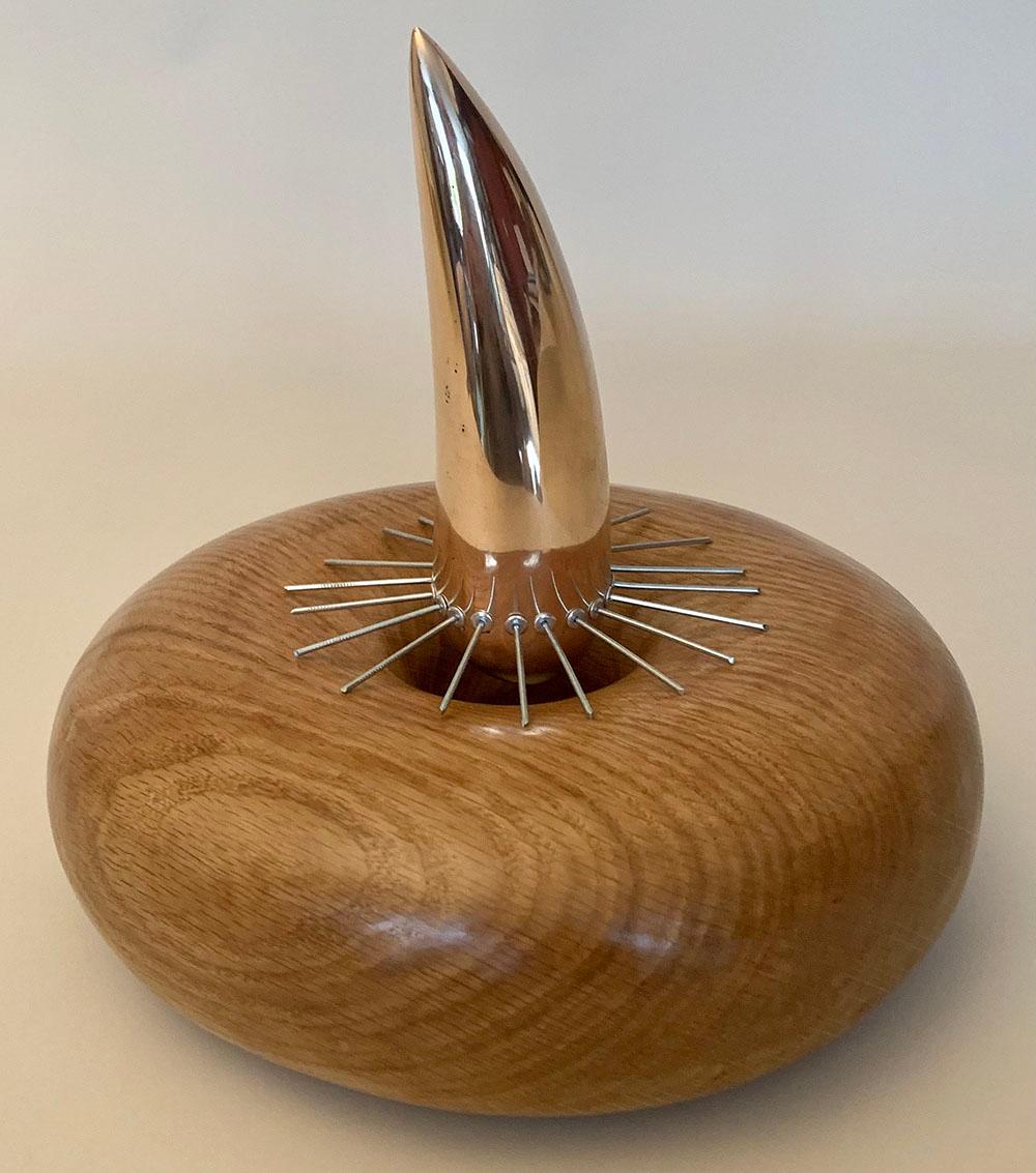 Variation on a Theme II: Avoidance is a unique bronze, steel and oak wood sculpture by contemporary artist Peter Brooke-Ball, dimensions are 23 cm × 24 cm × 24 cm (9.1 × 9.4 × 9.4 in).  
The sculpture comes with a certificate of authenticity.

The