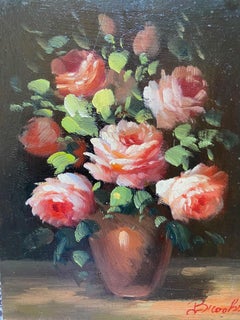 Peter Brooks Still Life of a Vase of Pink roses, Oil Painting circa 1960