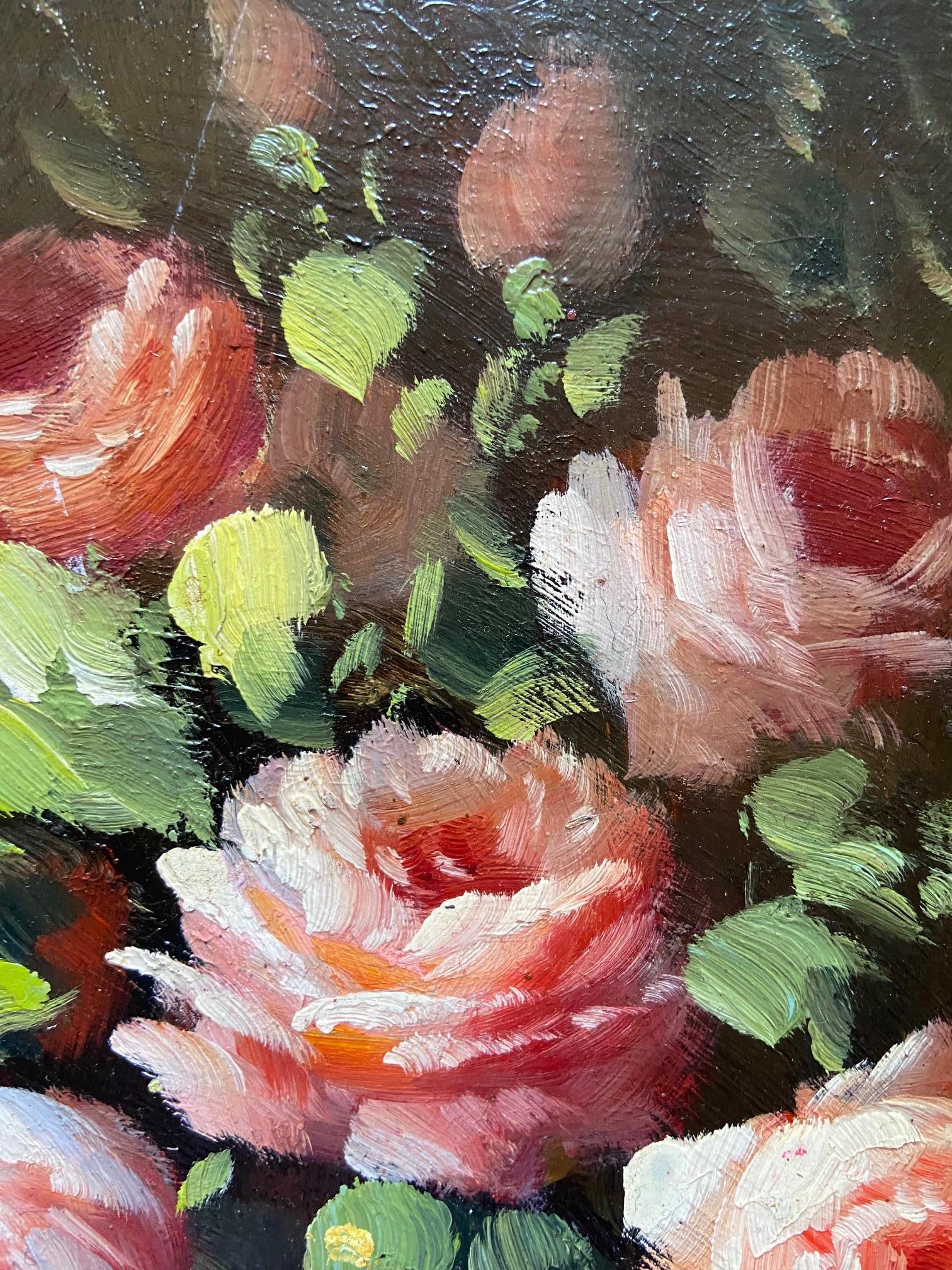 Néoclassique Peter Brooks Nature morte d'un vase de roses roses, peinture à l'huile circa 1960 en vente
