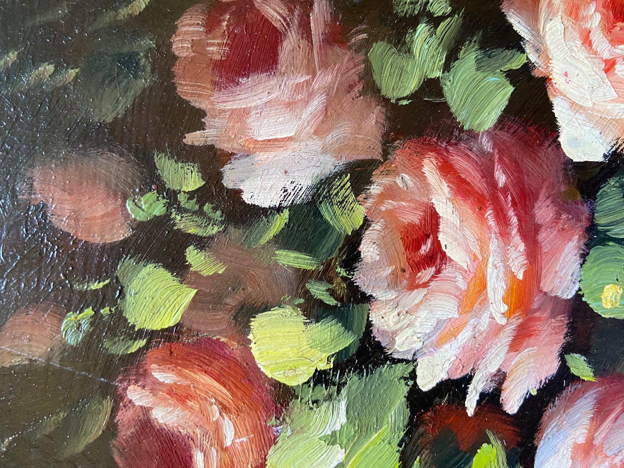 Néoclassique Peter Brooks Nature morte d'un vase de roses roses, peinture à l'huile circa 1960 en vente