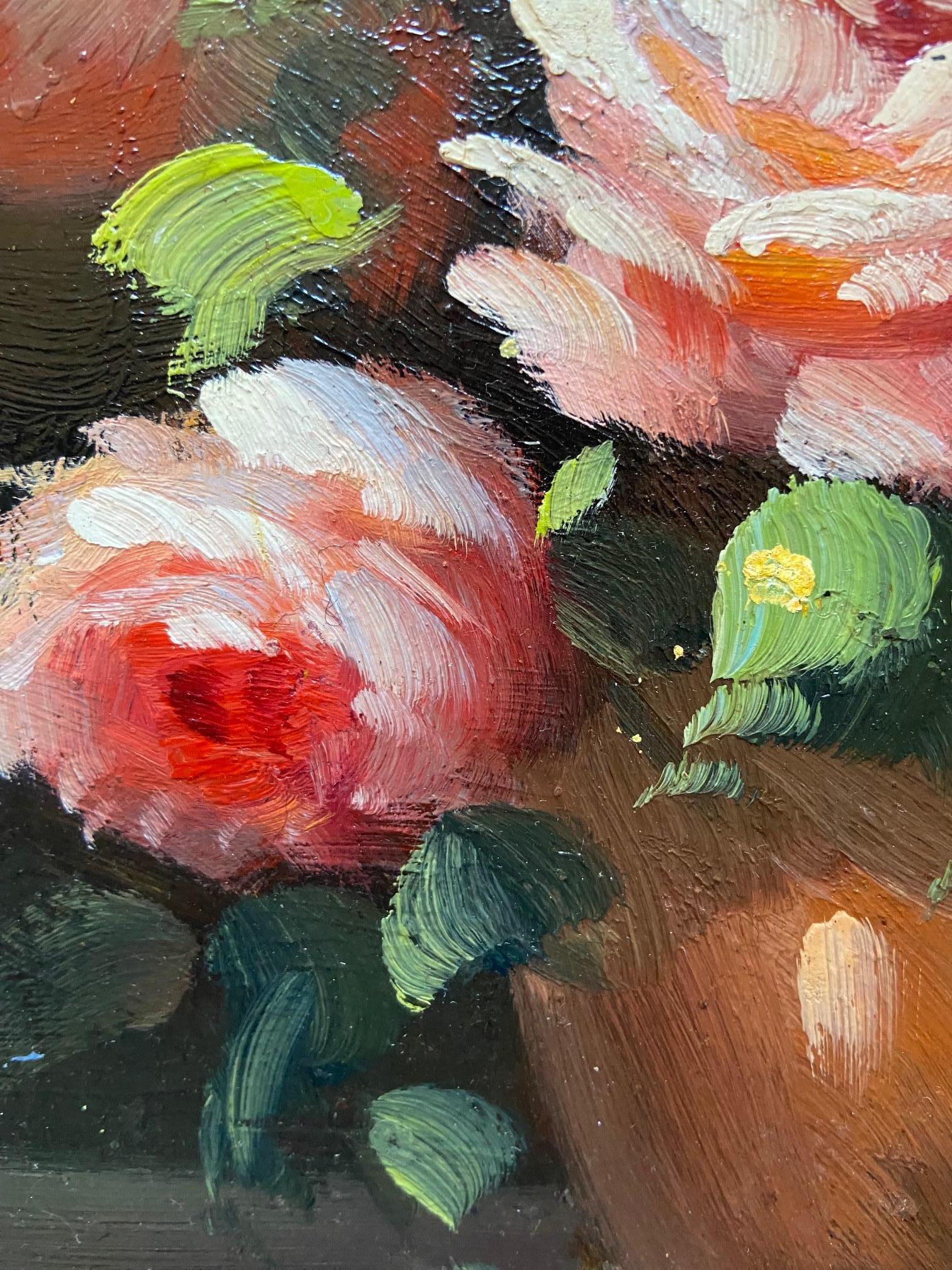Belge Peter Brooks Nature morte d'un vase de roses roses, peinture à l'huile circa 1960 en vente